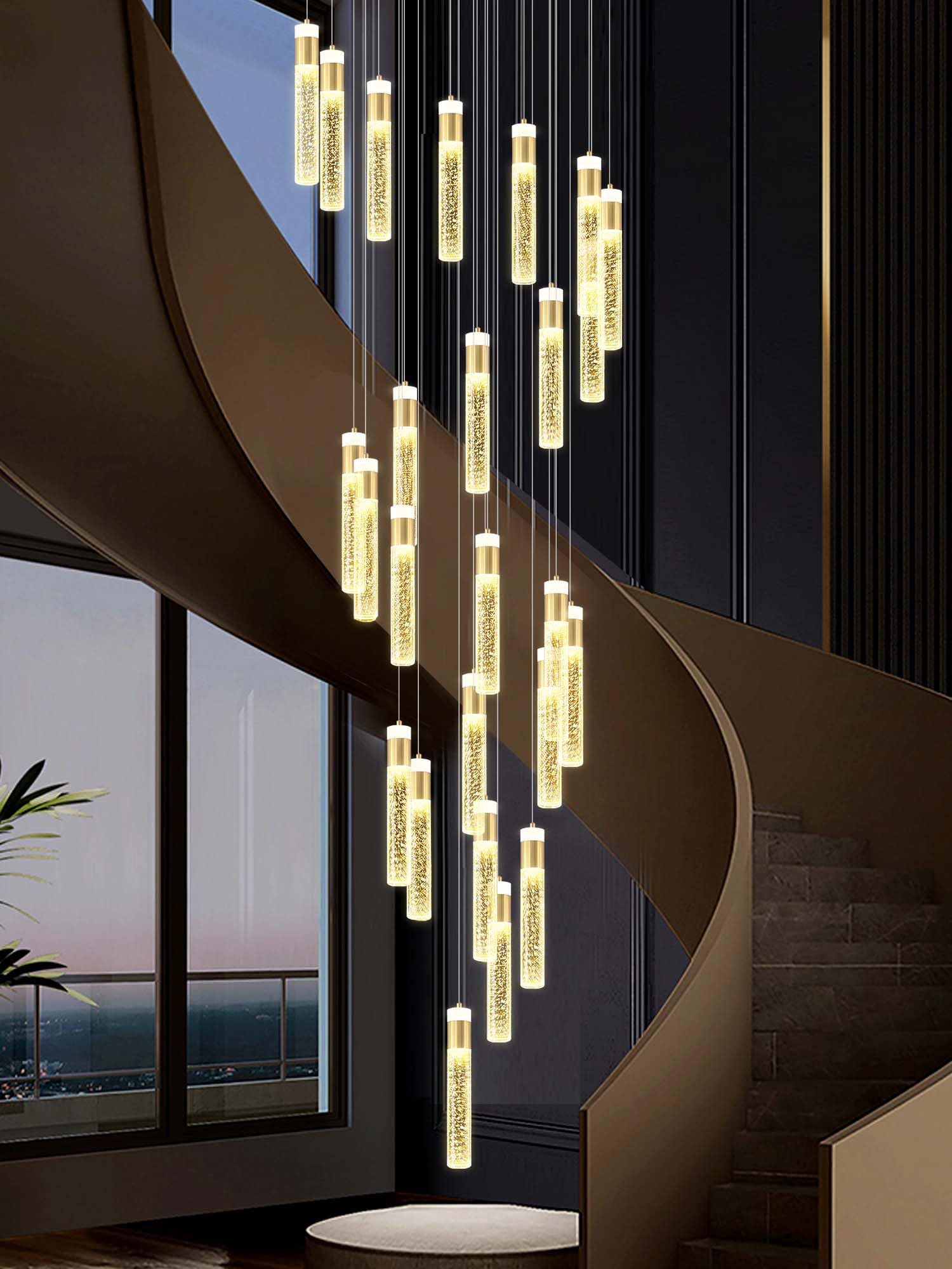 IDEQUY Gold Spiral Staircase Chandelier, 130 Inch, 25-Light for High Ceilings, Model CF8029-25J