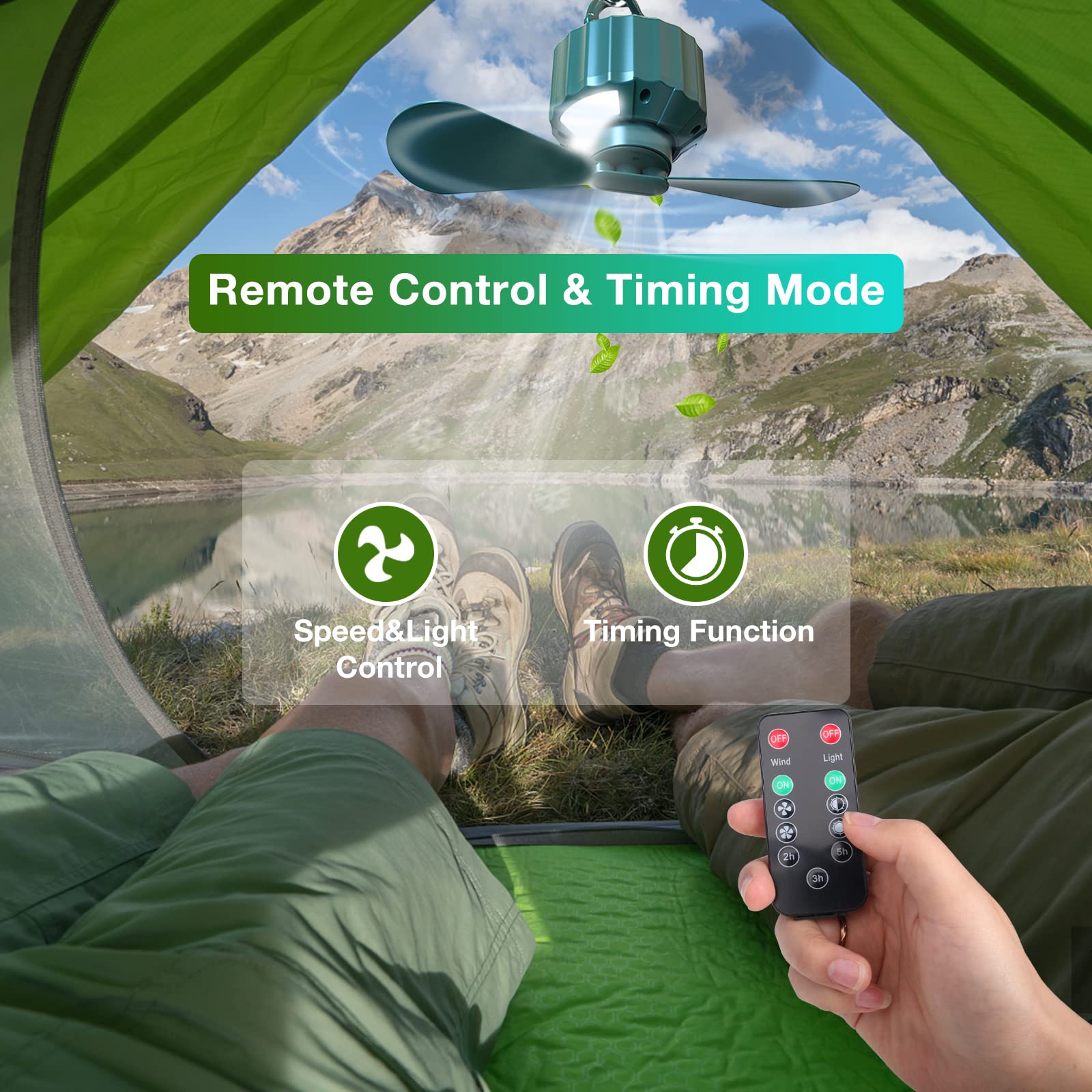 DUKUSEEK Portable Tent Ceiling Fan with Light & Remote, Small Green, USB Battery Operated, Model X15, Perfect for Camping & RV