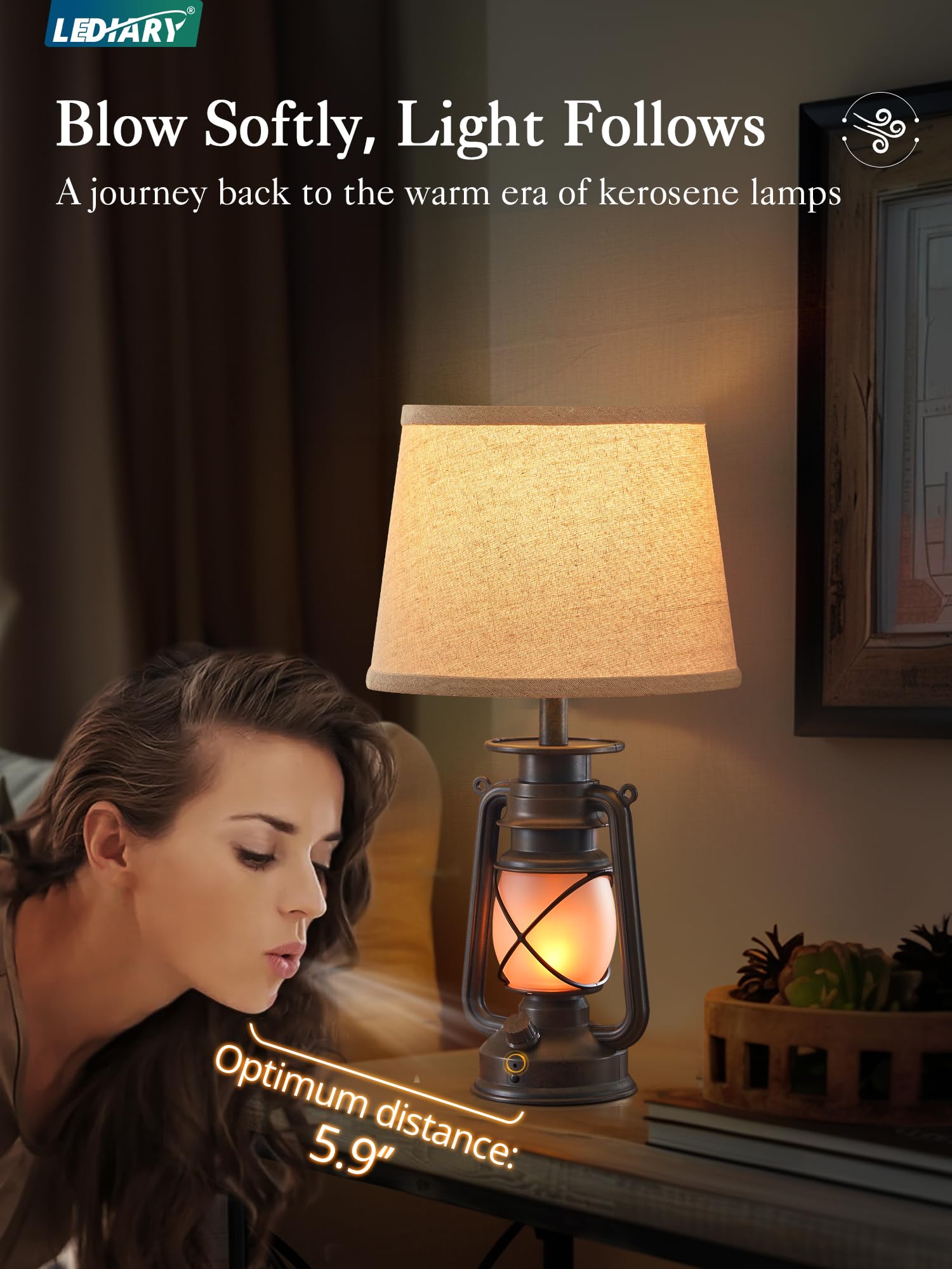 LEDIARY 18.72" Blow-Controlled LED Lantern Table Lamps, Set of 2, Rustic Bronze for Bedrooms and Living Rooms