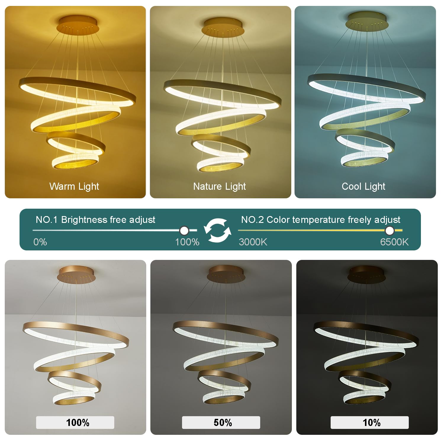 EMBRING Gold Crystal Chandelier 31.5" Dimmable LED Light Fixture, Modern 4 Ring Design, Aluminum, Model SW004-4Rgd-CY-3468