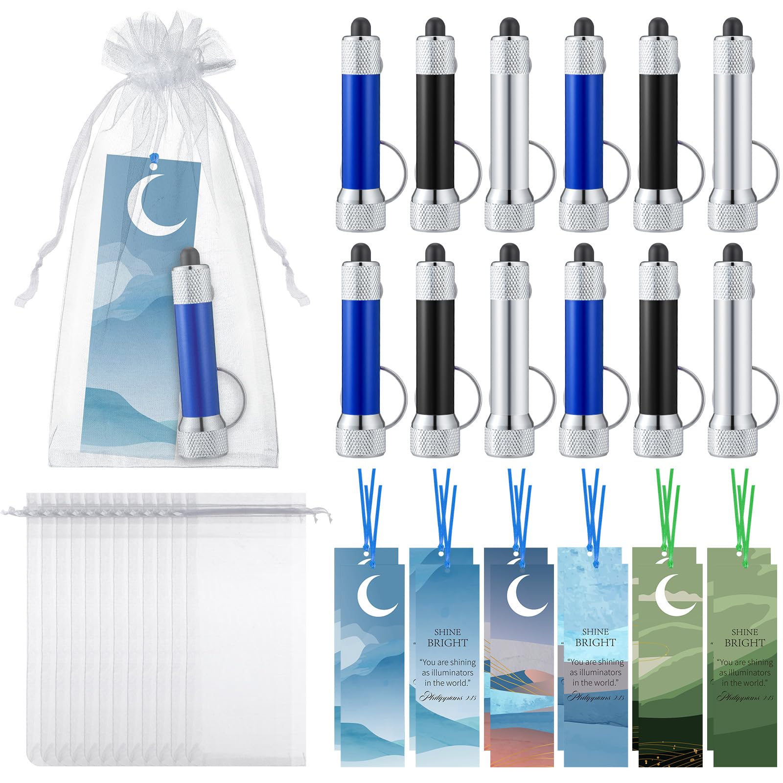 Tujoe 36pcs/12 Set Shine Bright Christian Gifts Set 12 LED Flashlights 12 Bible Verse Bookmarks 12 Organza Bags for Religious Church Vbs Sunday School Encouragement Gift