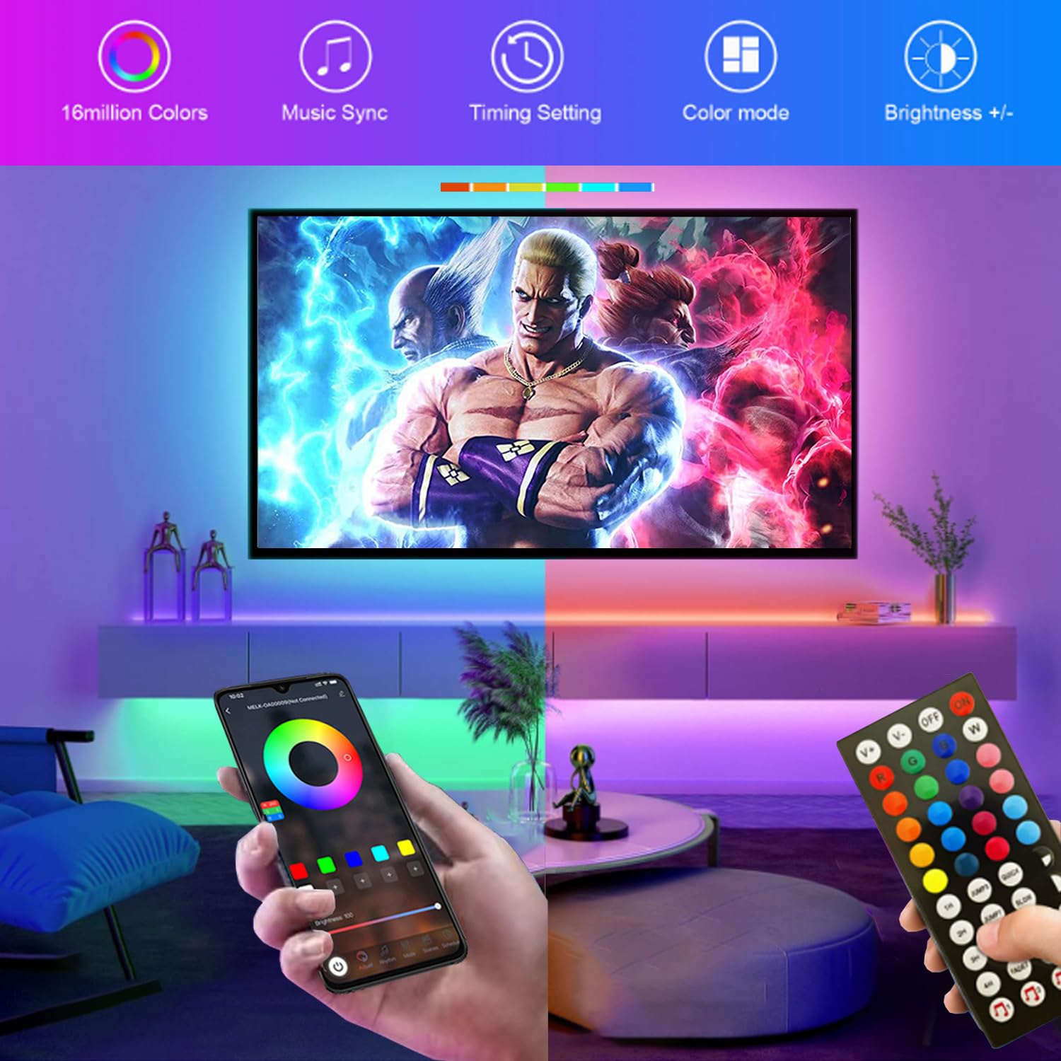 Dervacle LED Strip Lights 26ft, RGB Color Changing, USB Powered, Music Sync, Cuttable, for Bedroom, TV, Party, Multicolor