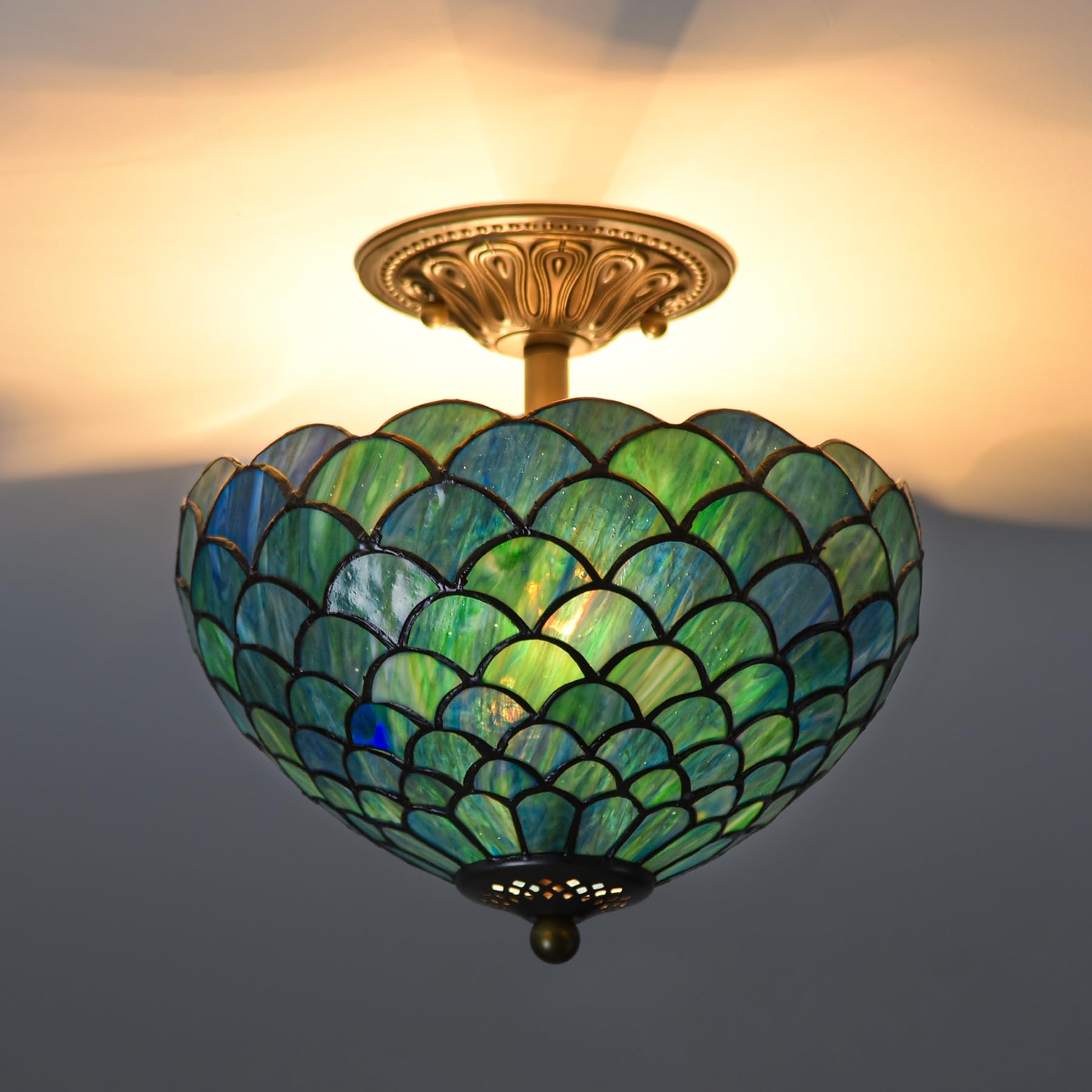 GILGGAK Sea Blue Fish Scales Tiffany Ceiling Light Fixture Stained Glass Semi Flush Mount Lamp W12 x H11 Inches Vintage Inspired