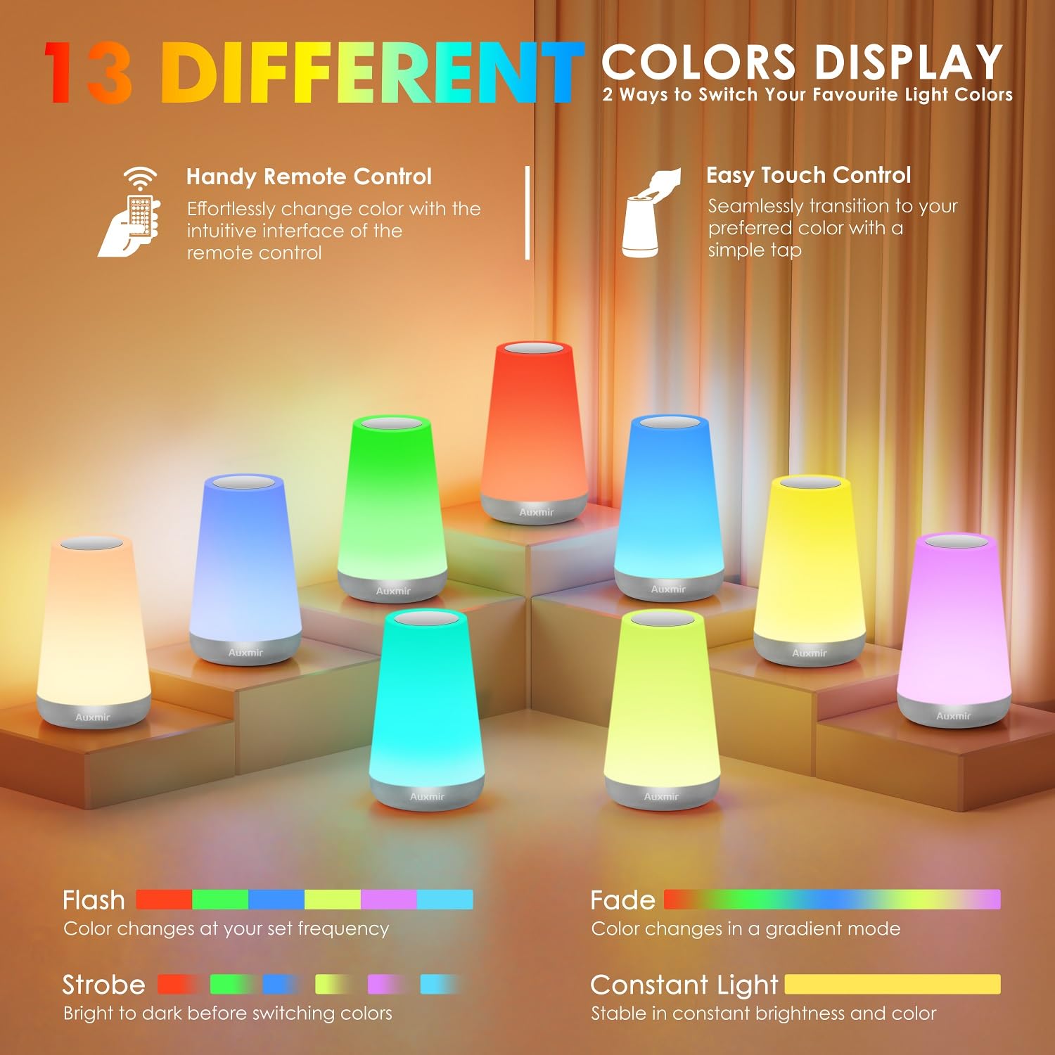 Auxmir Night Light For Kids Baby, 2500Mah13 Rgb Colors & 5 Brightness, Portable Rechargeable Led Bedside Lamp For Baby Nursery,