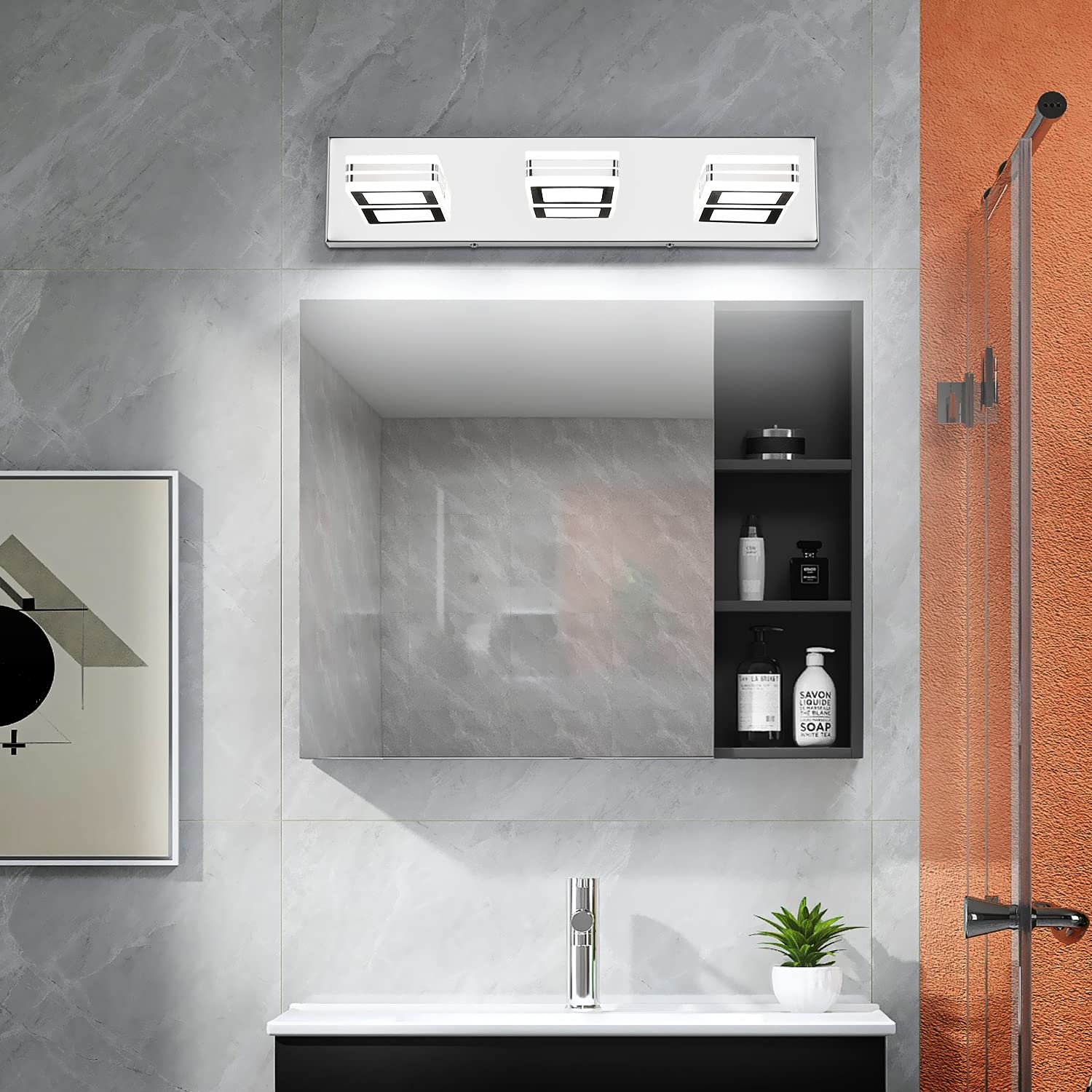 SOLFART Modern Dimmable Bathroom Vanity Lights, 3 Light Over Mirror, Chrome, Aluminum, Model S9660-3T-Chrome