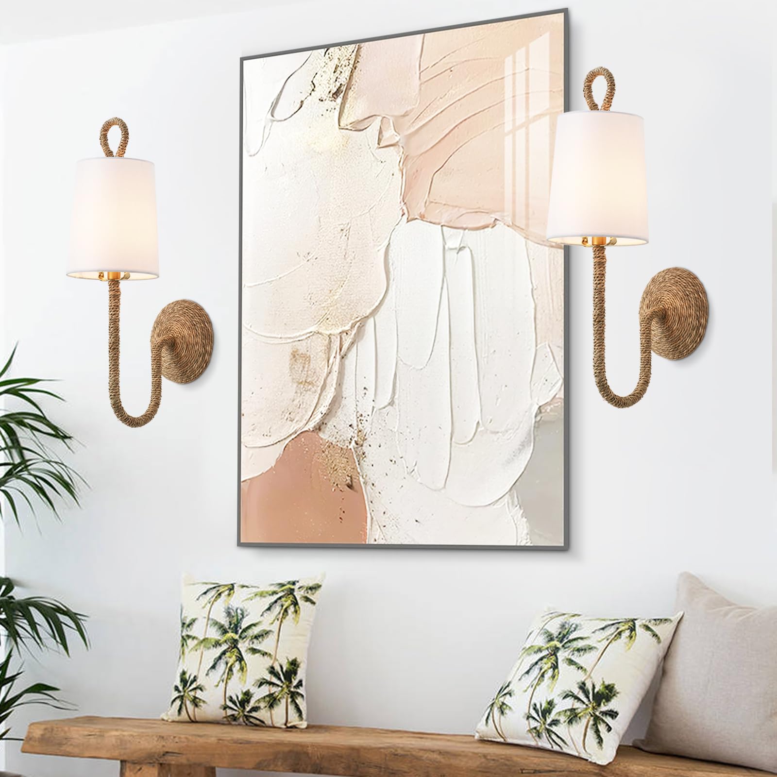 MhyTogn Rattan Wall Sconce Set of 2, Boho Wicker with Creamy-White Fabric Shade for Living Room, Stairway, Hallway