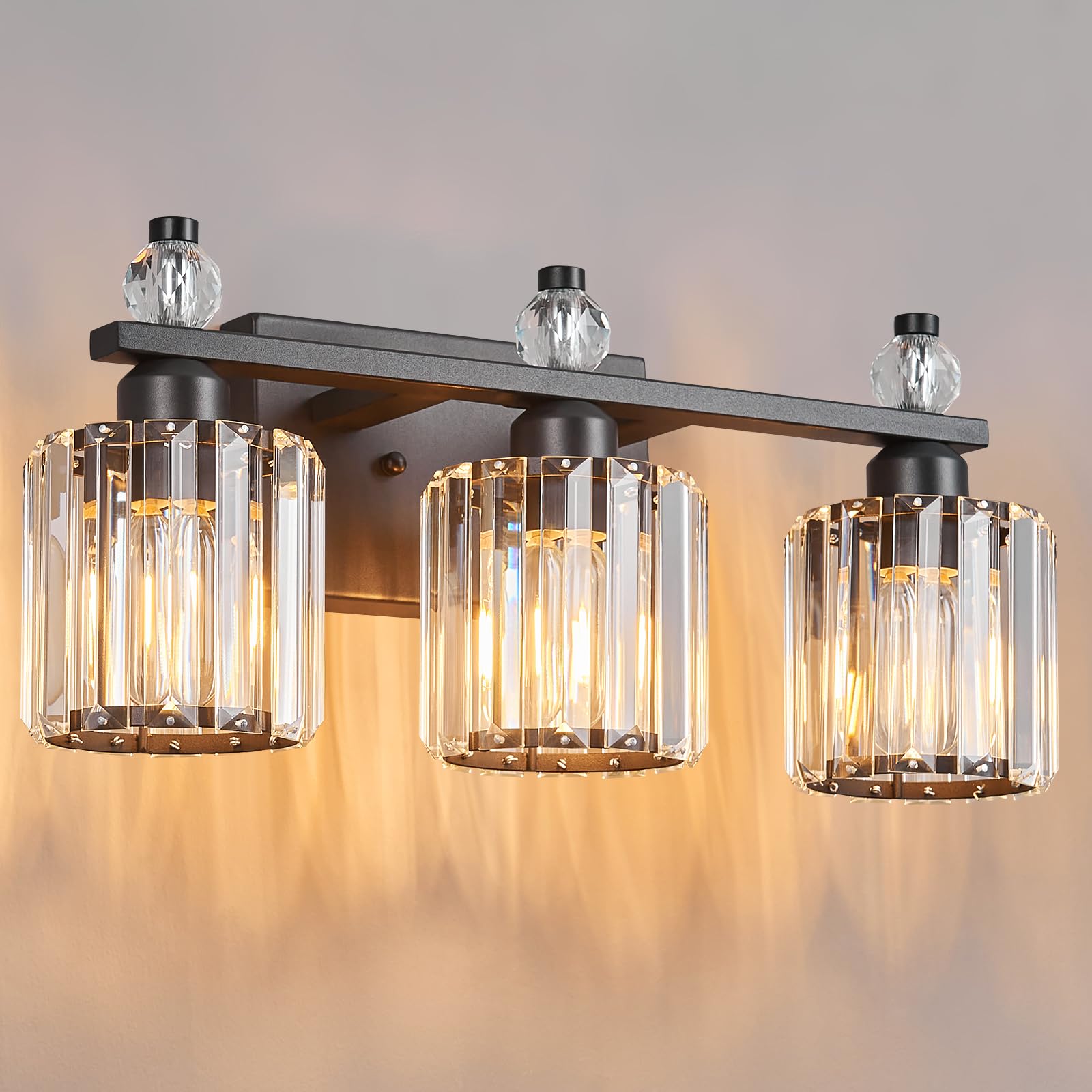 FDPBY 3-Light Bathroom Vanity Light Fixtures, Sand Black Round Crystal, Model 291