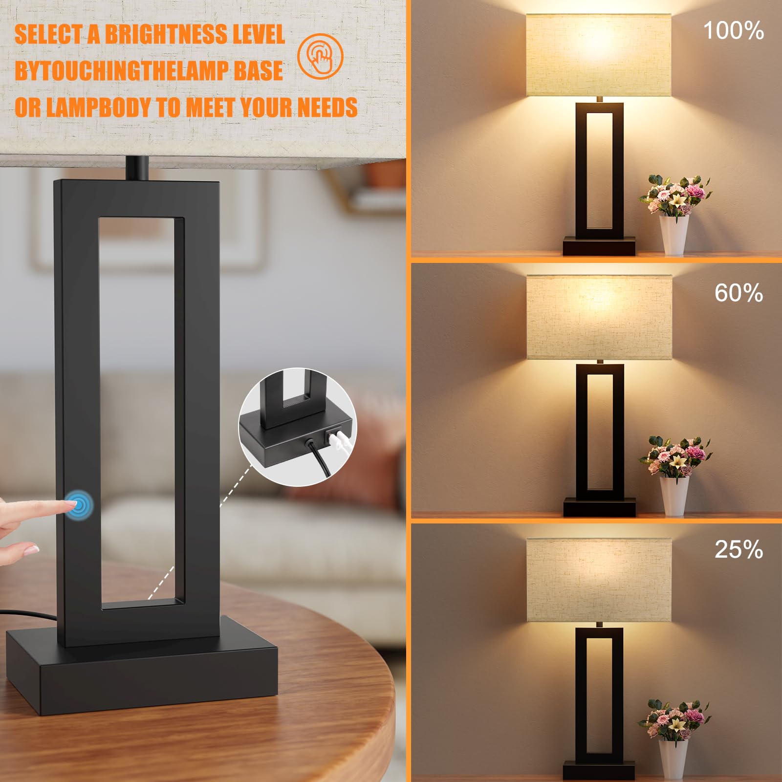 Seealle Cream & Black Bedside Lamps Set of 2, 22in Tall, Touch USB C+A, 3 Way Dimmable, Metal, Model 04076