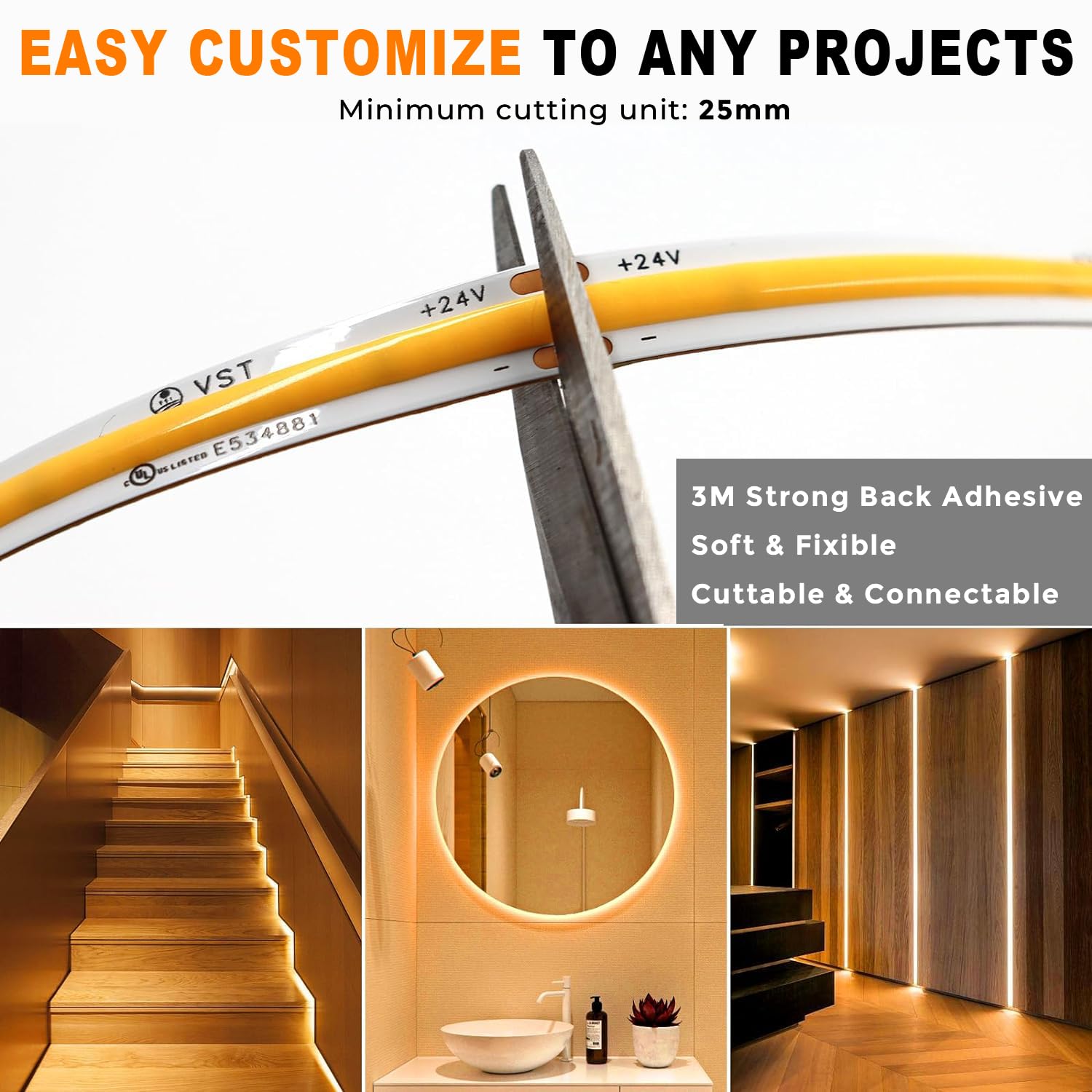 Vst 16.4Ft Cob Led Strip Lights Warm White 2700K  24V Dimmable Led Tape Light  48W  2640 Leds  Ra 93+  Ip30  Lighting For Kitchen  Cabinets  Ul Listed (Power Source Not Included)