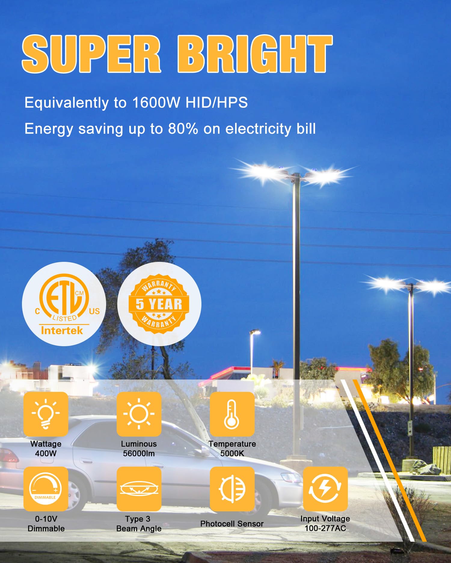 Jc-Lgl 400W Led Parking Lot Lights Led Shoebox Light 56000Lm 5000K Daylight  Ip65 Ul & Etl Certified 0-10V Dimmable  Commercial Outdoor Area Lighting For Parking Lots  Sports Stadiums  And Streets