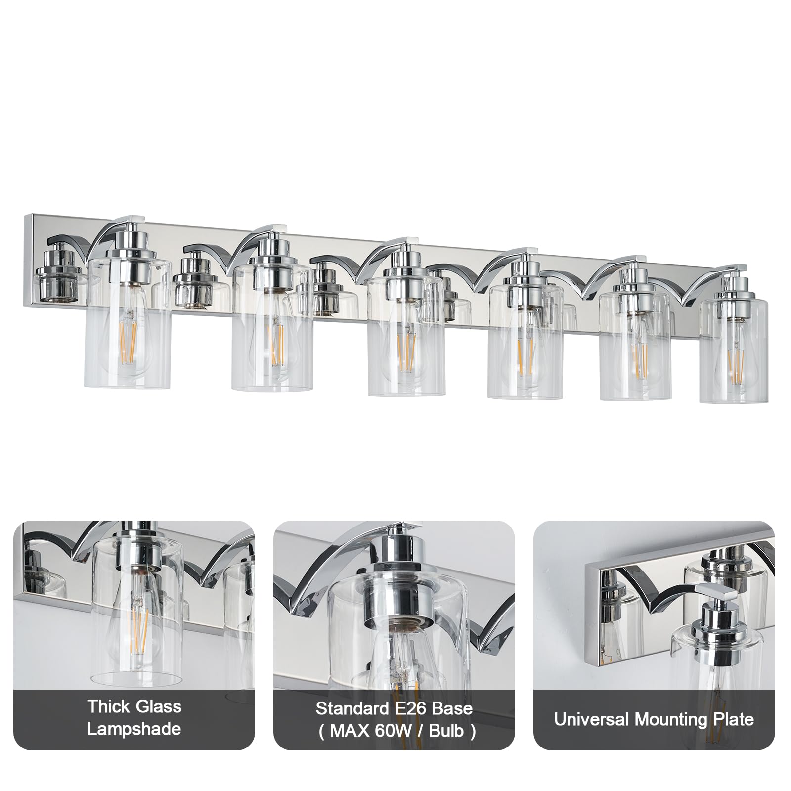 Alaislyc 6-Light Bathroom Light Fixtures Modern Chrome Vanity Lights For Bathroom Lighting Fixtures Over Mirror With Clear Glass Shade For Cabinet Mirror Bedroom Hallway