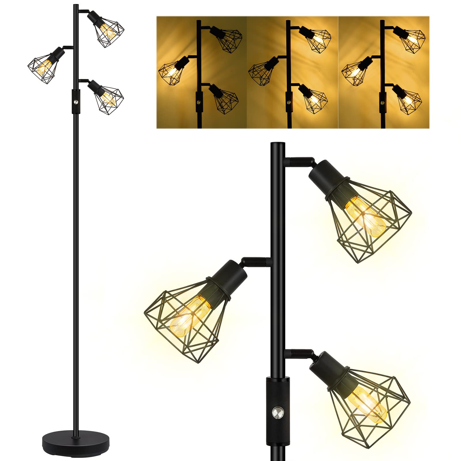 Floor Lamp, Industrial Floor Lamps for Living Room,Tree Standing Lamp Bright with 3 Charm Diamond Head 1200 Lumens Edison Bulbs 
