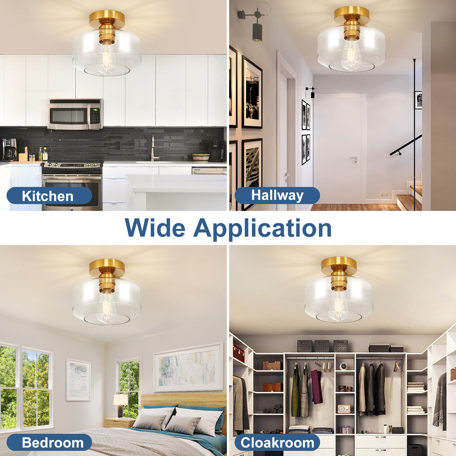 Industrial Semi Flush Mount Ceiling Light: Gold Kitchen Lighting Fixtures Ceiling With Clear Glass - Vintage Hallway Light Fixtu