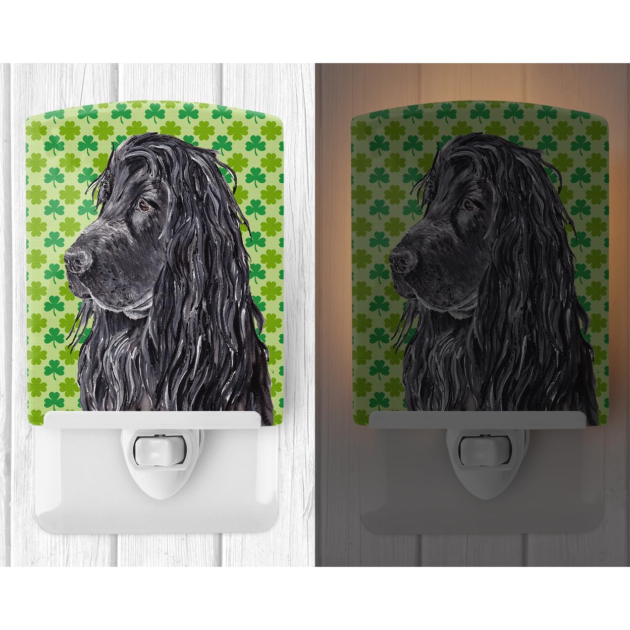 Caroline'S Treasures Sc9569Cnl Black Cocker Spaniel Lucky Shamrock St. Patrick'S Day Ceramic Night Light Compact, Ul-Certified, Ideal For Bedroom, Bathroom, Nursery, Hallway, Kitchen, 6X4X3, Multicol