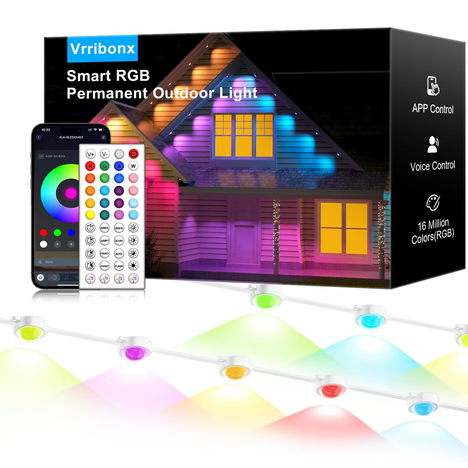 Vrribonx 150FT Outdoor RGB Lights - IP65 Waterproof, Smart App Control, Music Sync, Eaves Lights, Model WYD-03