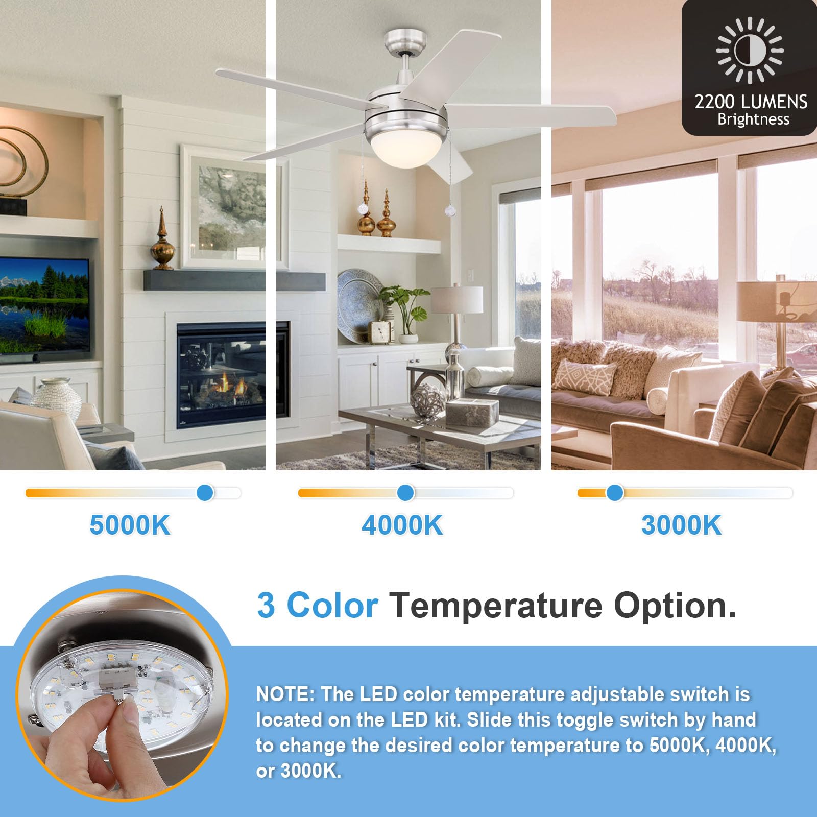Caisens 4 Inch LED Ceiling Fan Light Kit, 18W 2200LM, Dimmable, 3CCT 3000/4000/5000K, Model CS