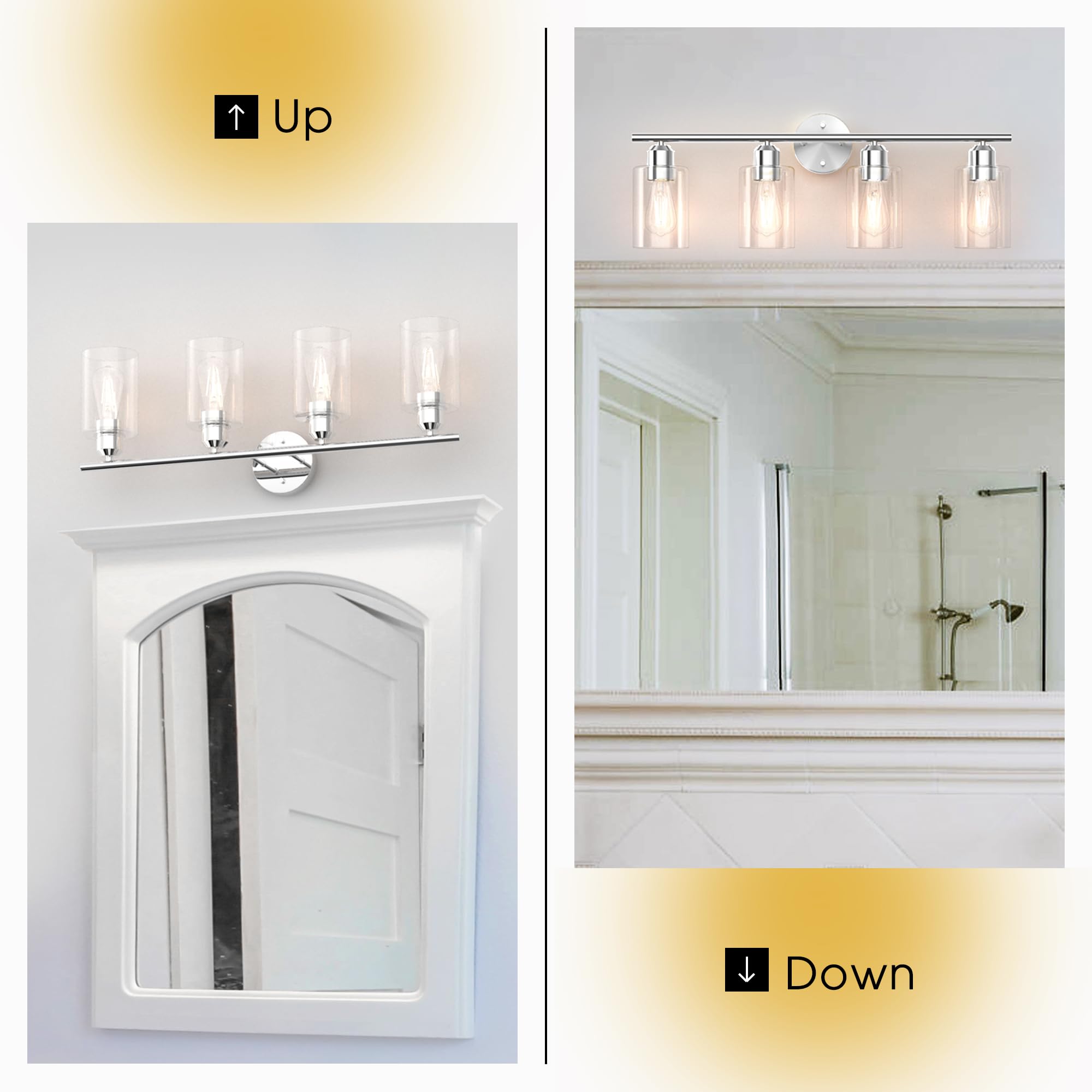 Espird Bathroom Vanity Light Fixtures - 4 Lights Polished Chrome Metal Sconces with Cylinder Glass Shade, Model L01-4-GE