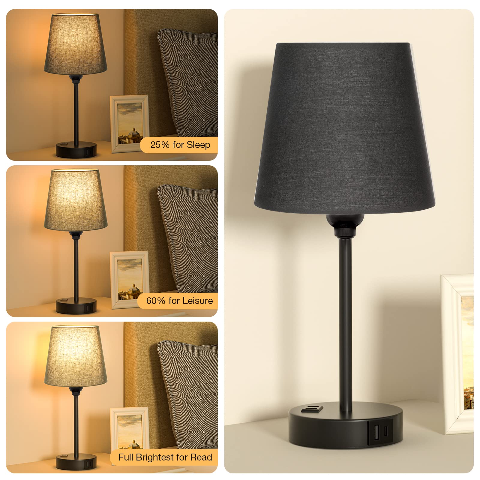 Acaxin Black Lamp Set of 2 - 3 Way Dimmable Touch Control Nightstand Lamp with USB C Port and AC Outlet for Bedroom