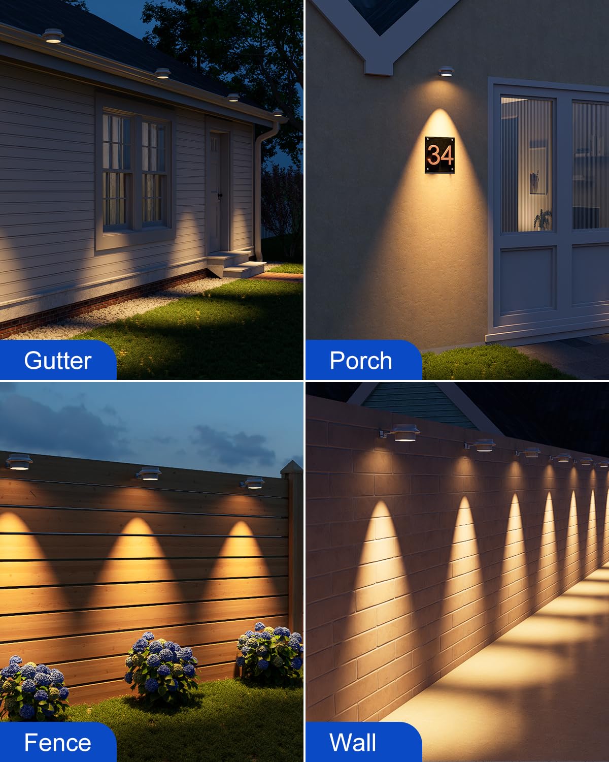 FALOVE 8 Pack Solar Powered Gutter Mount Lights, Waterproof LED Fence Lamp, Warm White, Easy Installation, Model FA0415W-8