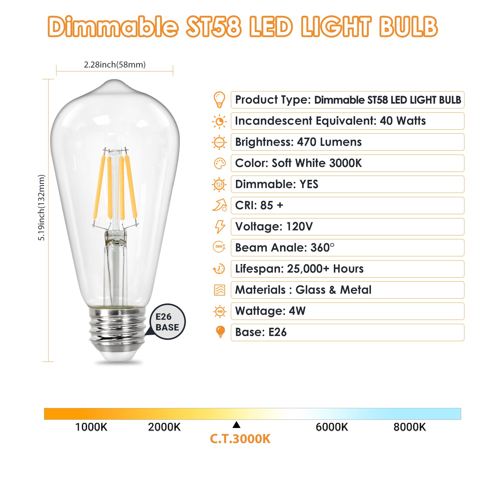Qingmiao Vintage Led Edison Bulbs, St58 Dimmable 4W E26 Led Bulb 40W Equivalent, 3000K Soft White Led Light Bulbs, Antique Led F