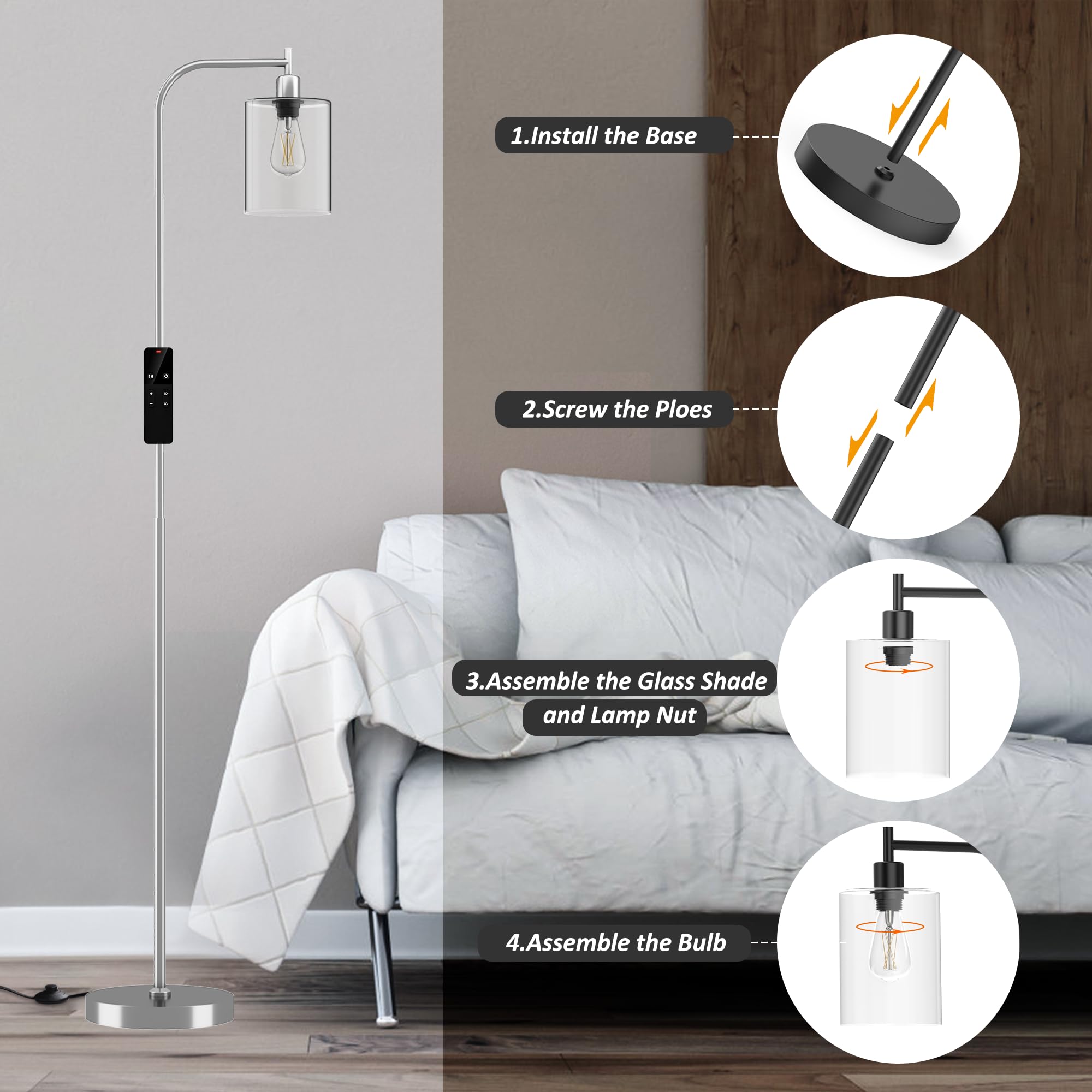 Wio-Mio Industrial Floor Lamp - Modern Dimmable with Remote, Brushed Nickel, Tall Design for Living Room, Bedroom, Office, Model MF19334