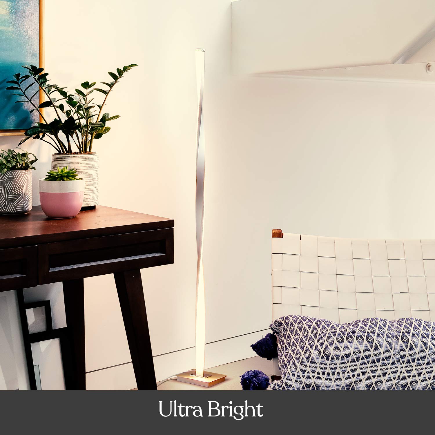 Brightech Helix LED Floor Lamp - 48in Tall, Dimmable, Metal, Warm White Light, Platinum Silver, Model BT-FL-HLX-SLVR