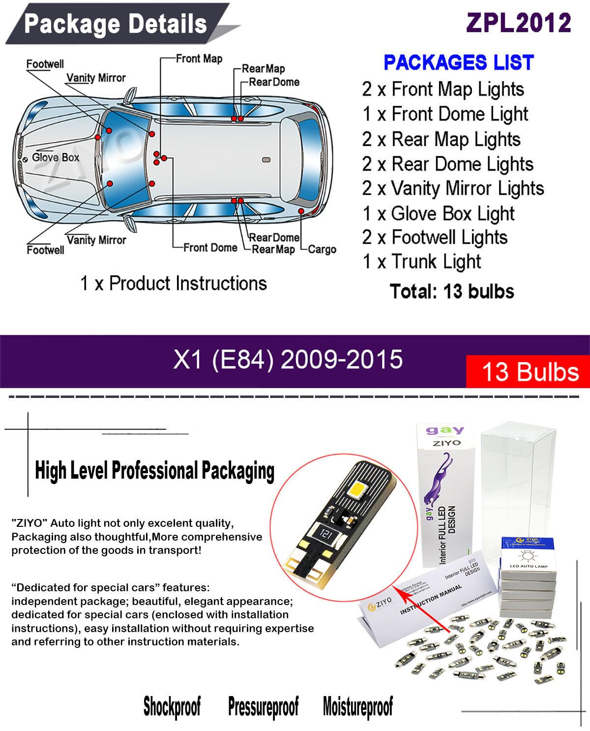 Ziyo Zpl2012 (13 Bulbs) Led Interior Light Kit Replacement For Bmw E84 X1 2009-2015 Accessories  6000K Xenon White Dome Light Bulbs Upgrade Error Free