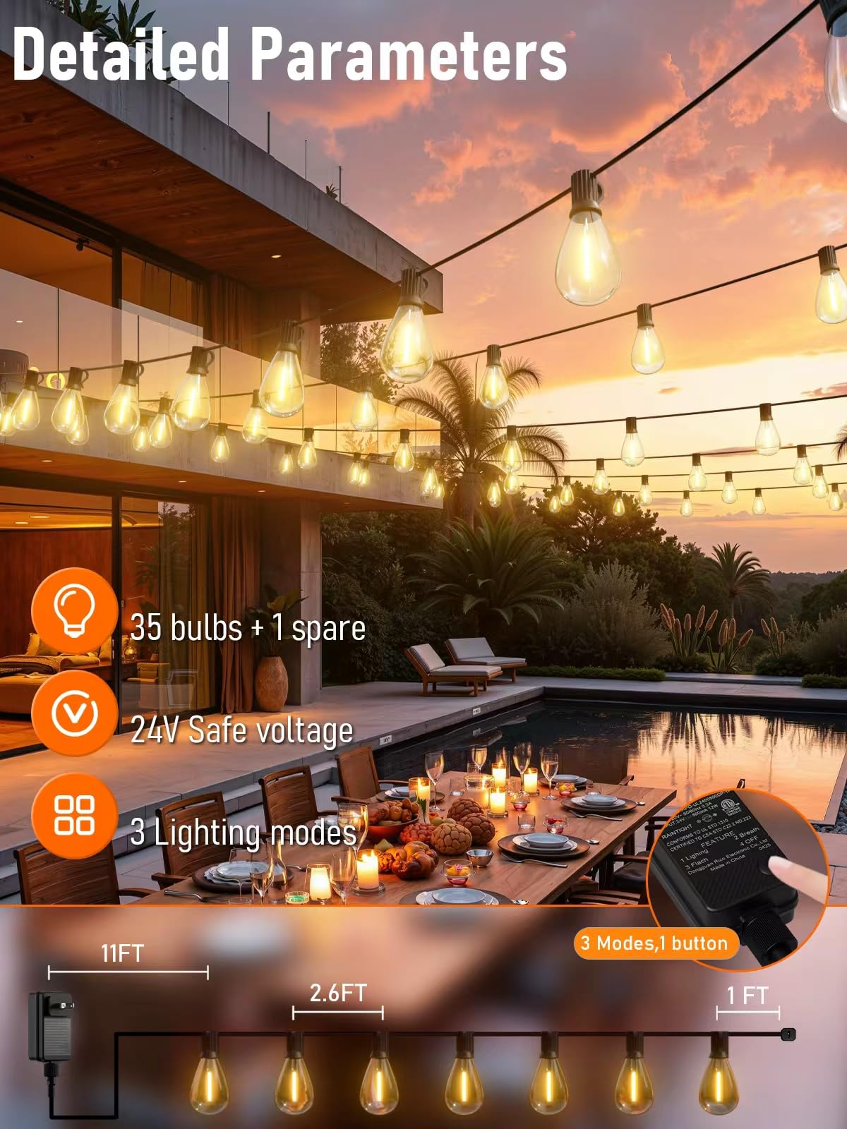luckystyle 100FT LED String Lights, Warm White 2700K, Waterproof, Dimmable, 35+1 Shatterproof Bulbs, Model S11 for Patio and Garden