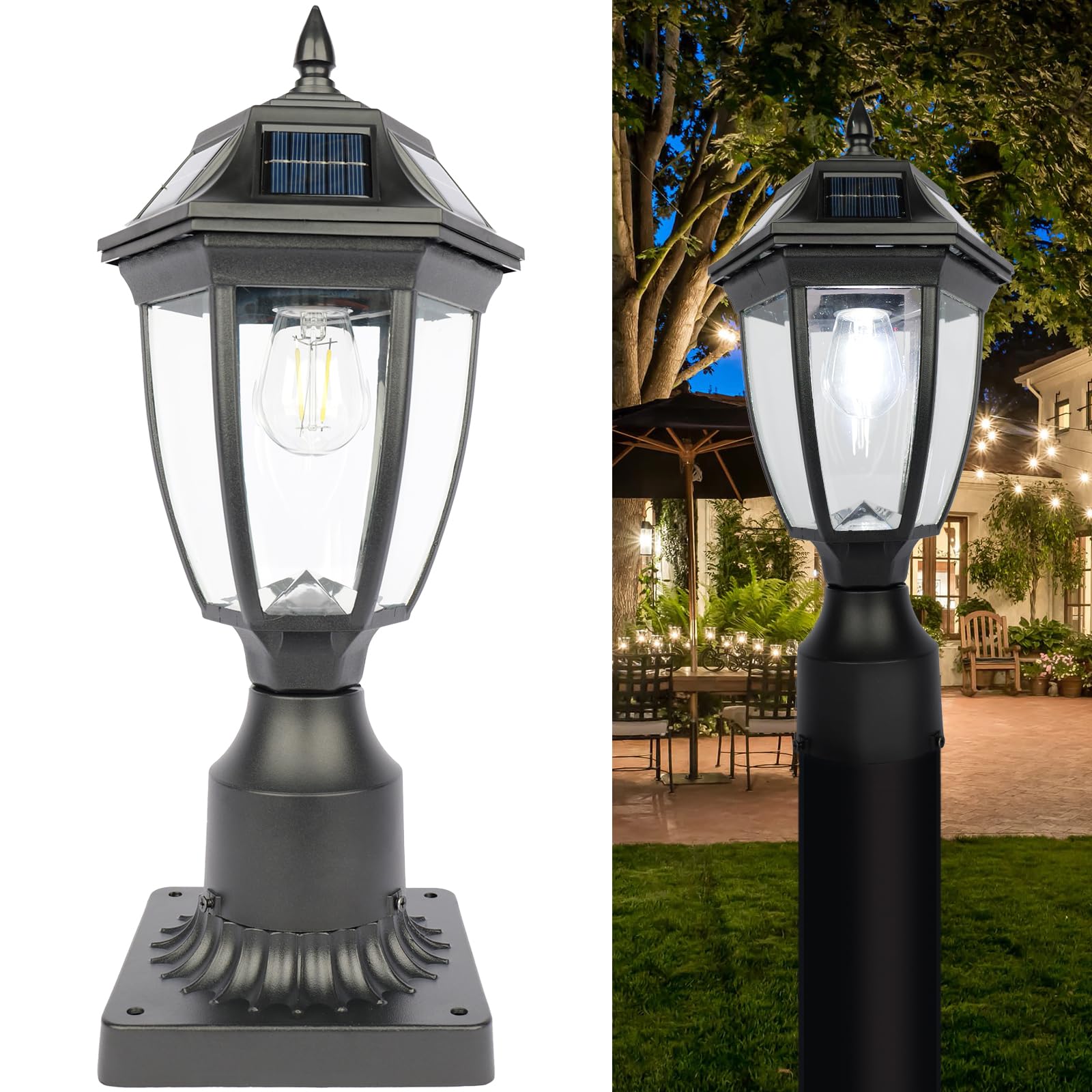 Solar Post Lamp Lights, Dusk to Dawn Solar Post Light with Pier Mount Base, Outdoor Waterproof Solar Motion Sensor Lights for Ga
