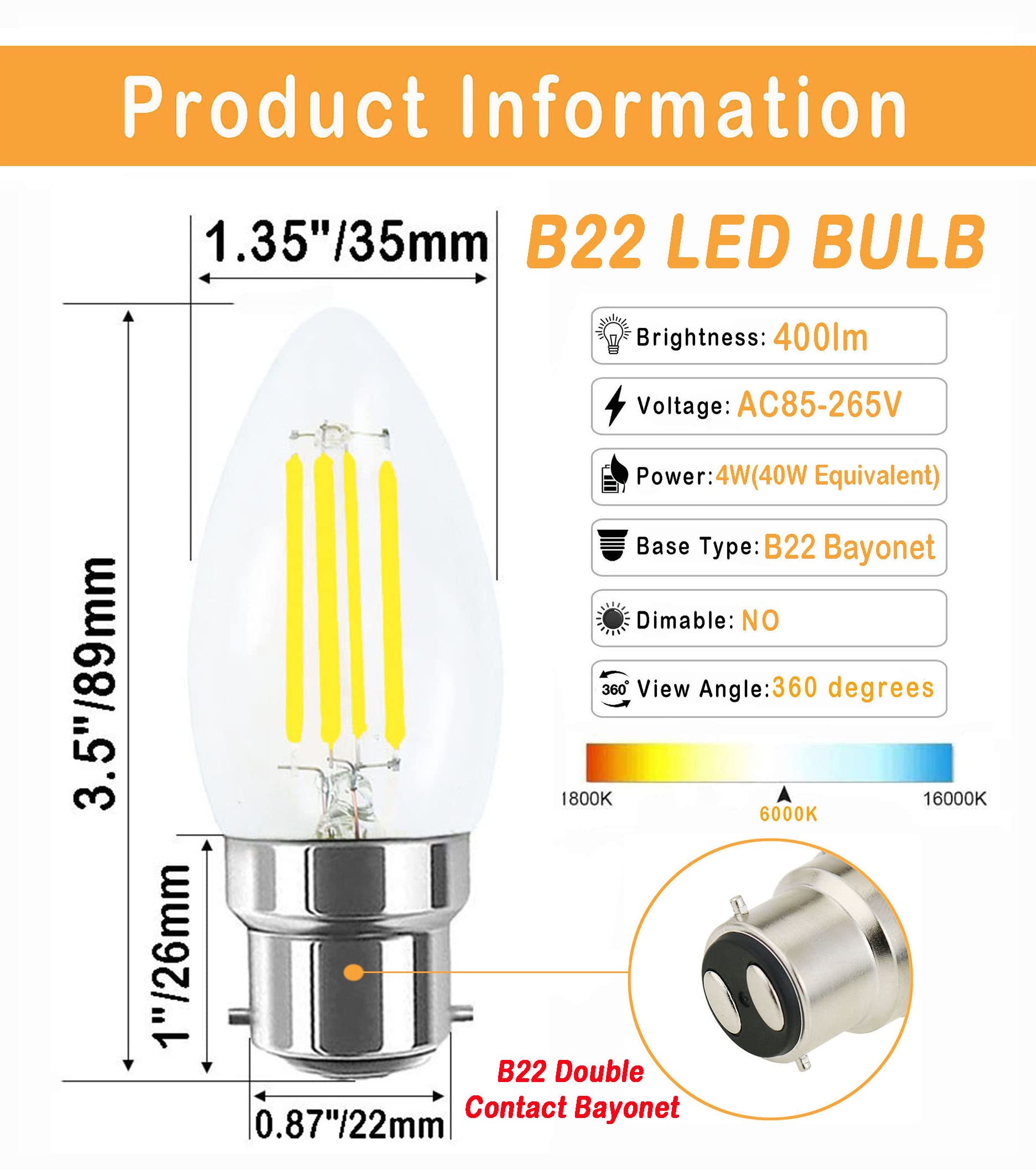 Lamsky 4W B22 Bayonet Led Filament Candle Light Bulb,6000K Daylight White 400Lm,C35 Shape Bullet Top,40W Incandescent Equivalent