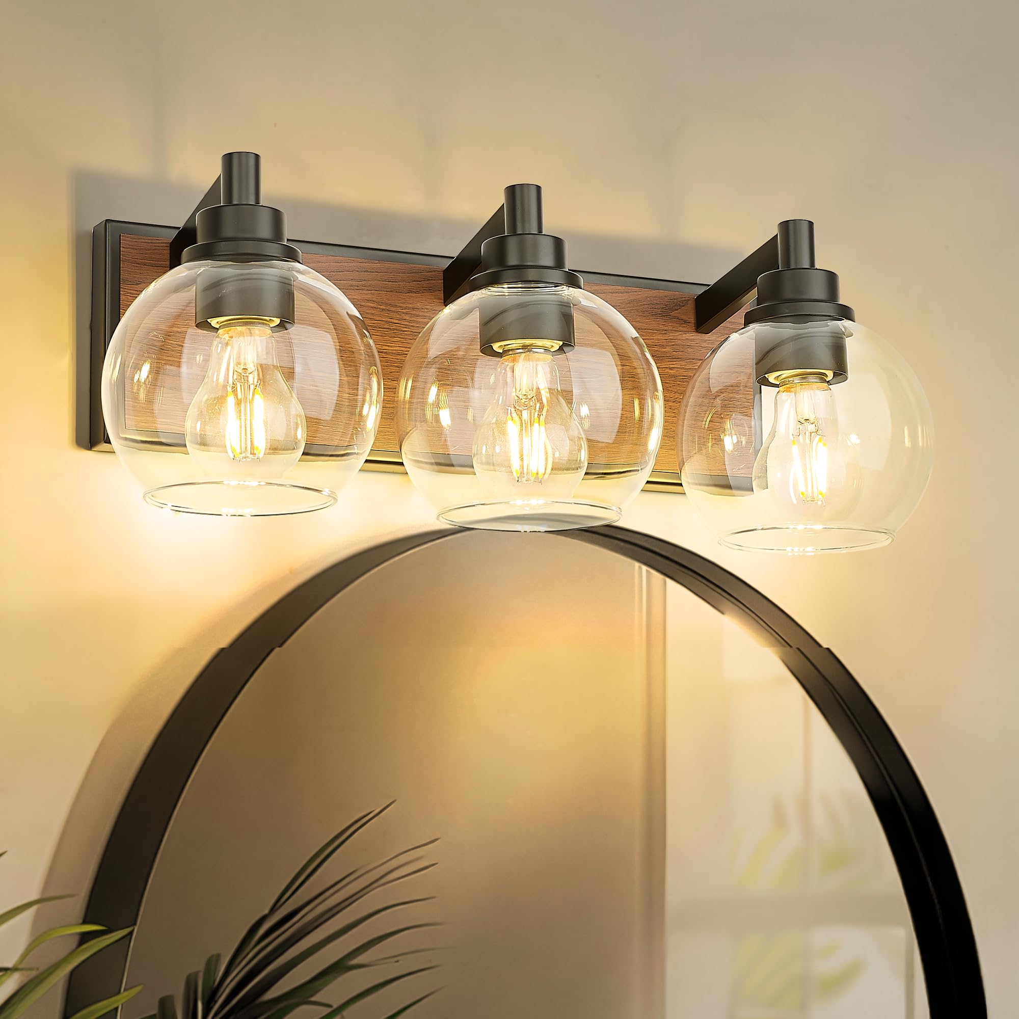 Metwet Bathroom Light Fixtures, 3-Light Black And Faux-Wood Finish Bathroom Vanity Light, Farmhouse Wall Sconces With Globe Clea