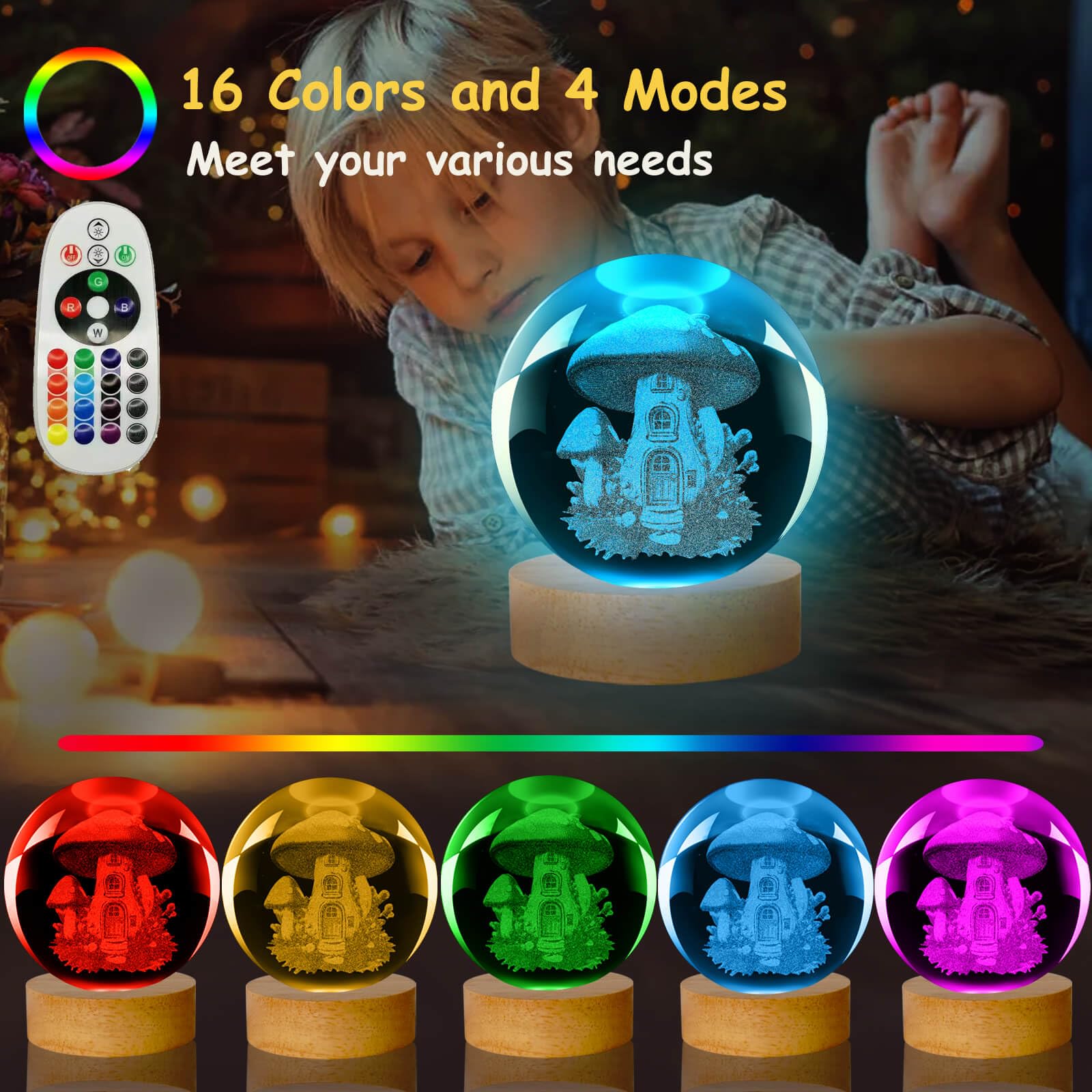 LINSINA Mushroom Lamp - 3.15in Crystal Ball Night Light with Wooden Base, Remote Control, 16 Colors, Model lamp-01, 3D Mushroom Color