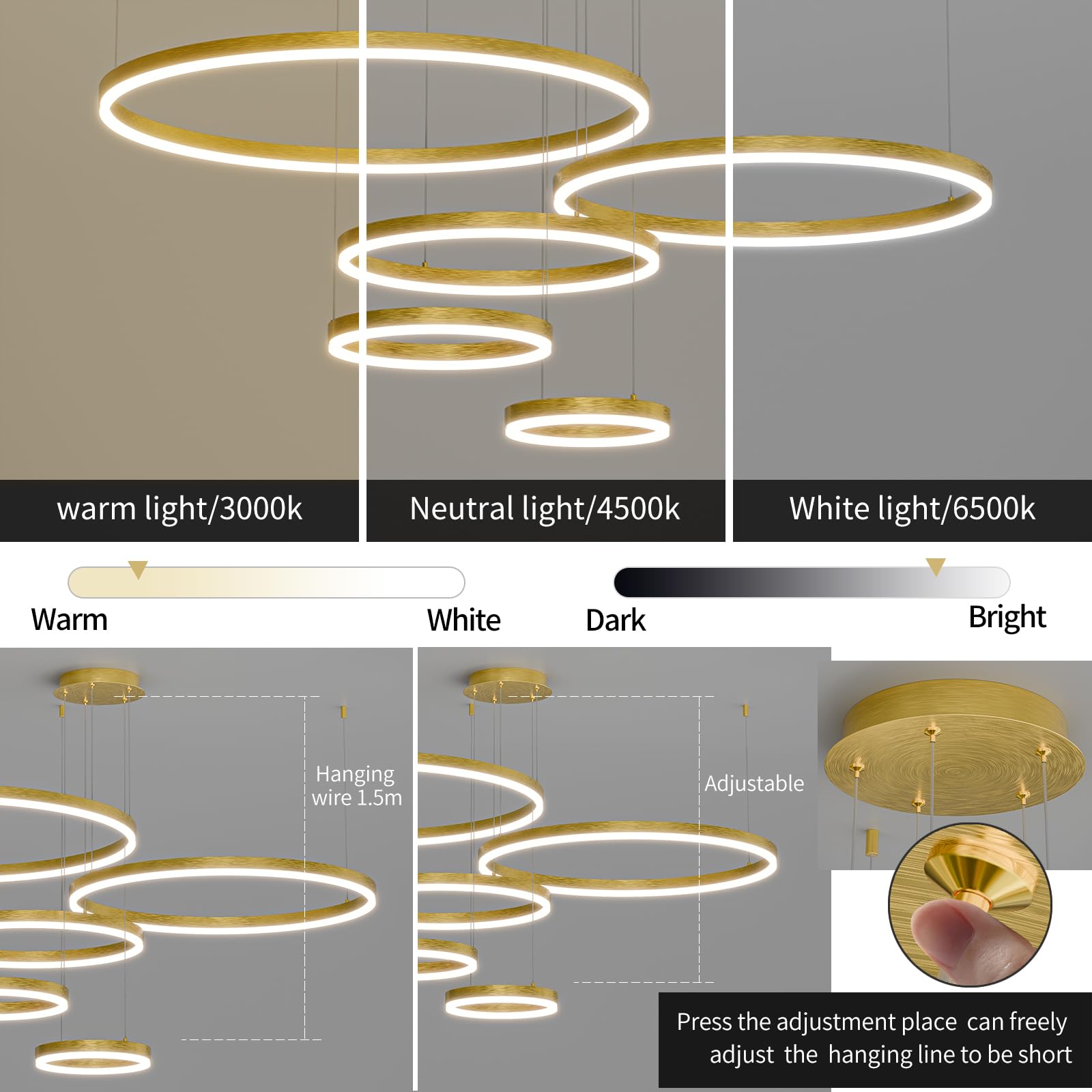 Matven Modern Ceiling Chandelier Light, Remote Control, Dimmable, 3 Color Modes, Acrylic, 11.8-39.3in, Gold, Model KD-YX