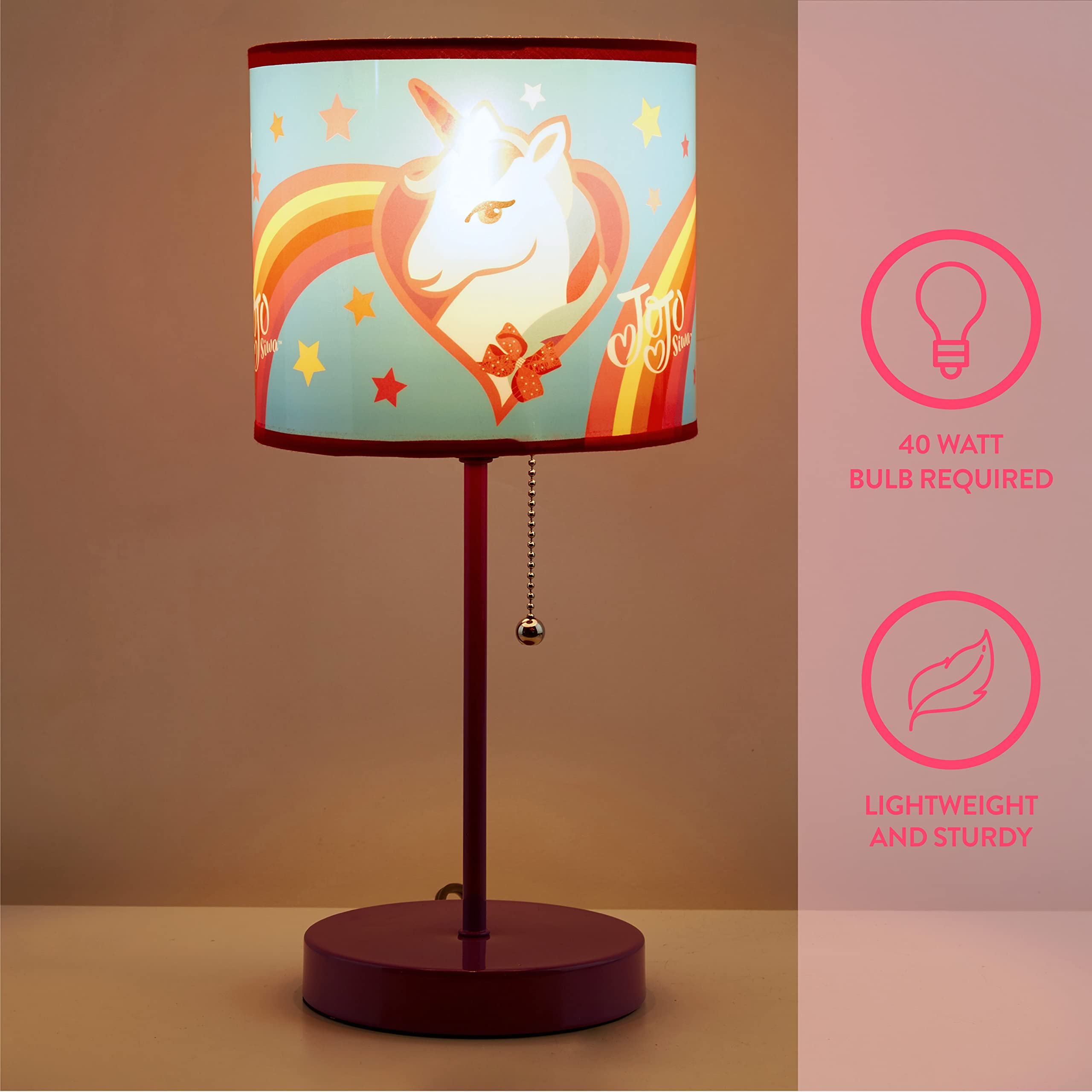 Idea Nuova Jojo Siwa Unicorn Stick Table Kids Lamp Metal With Pull Chain, Themed Printed Decorative Shade