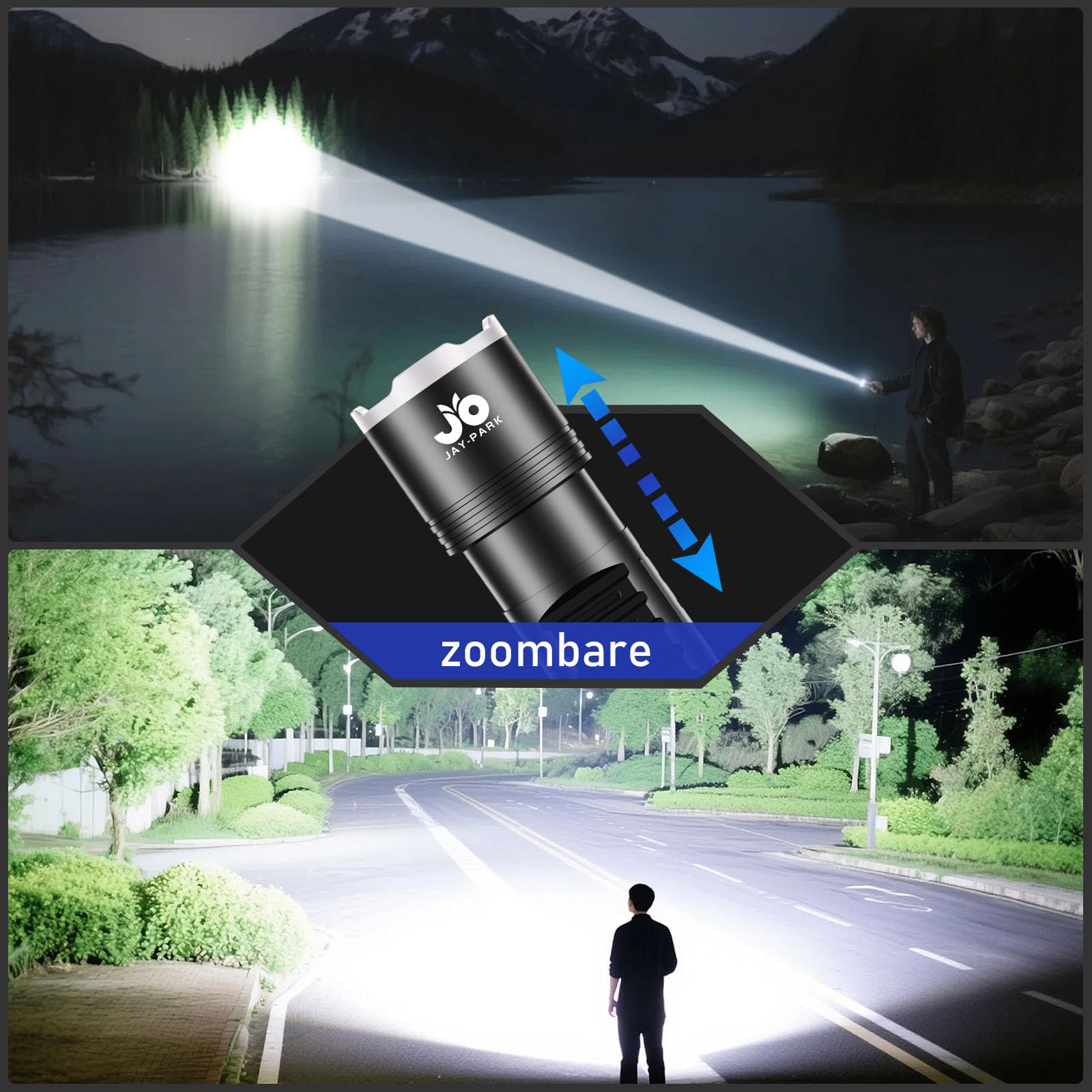 JAY-PARK F10pro LED Flashlight, 100000 Lumens, 10800mAh Rechargeable Battery, 5 Modes, Black, Zoomable, LCD Power Display