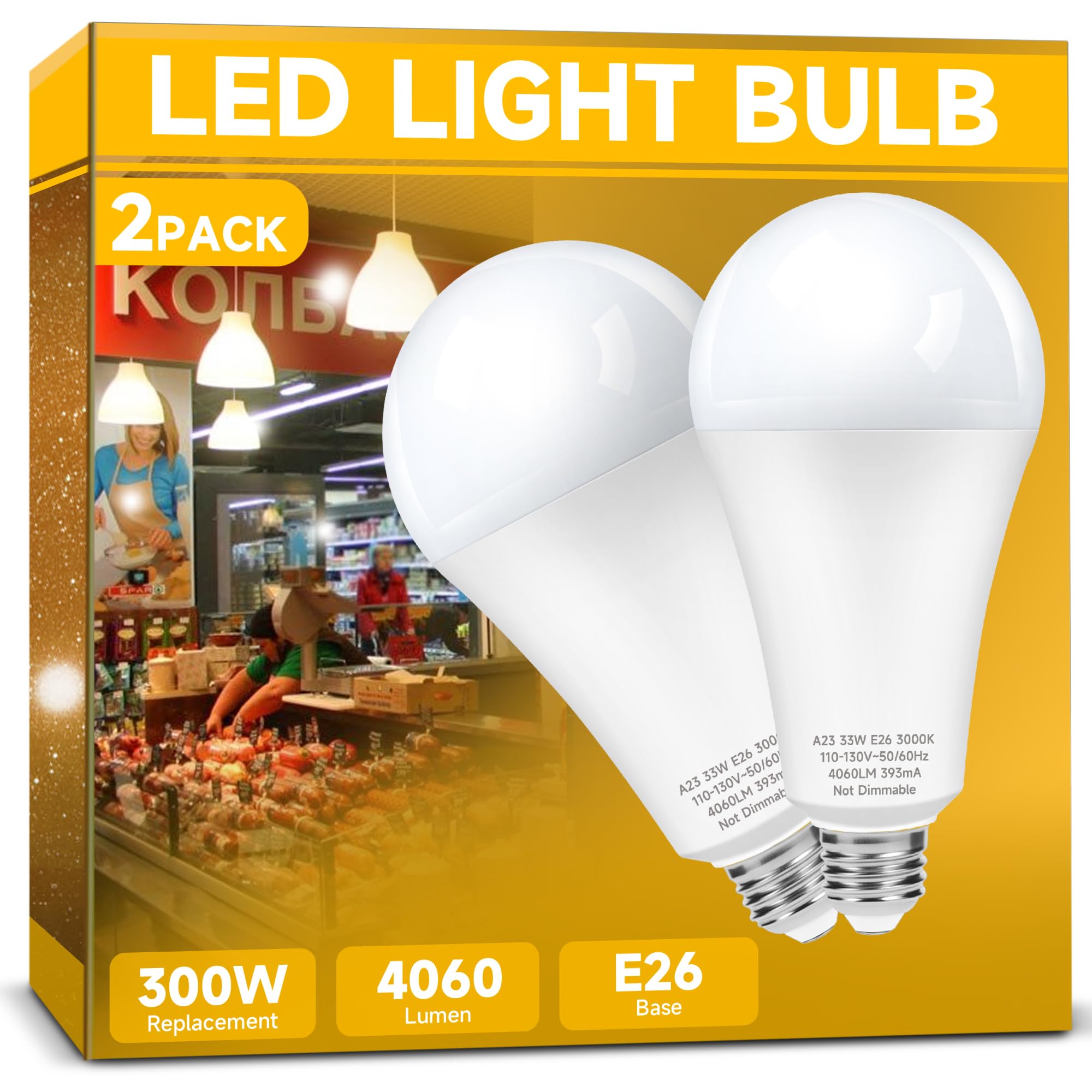 Prosperbiz LED Light Bulb 300W Equivalent 4060 Lumen 3000K Soft White A23 E26 33W 2-Pack