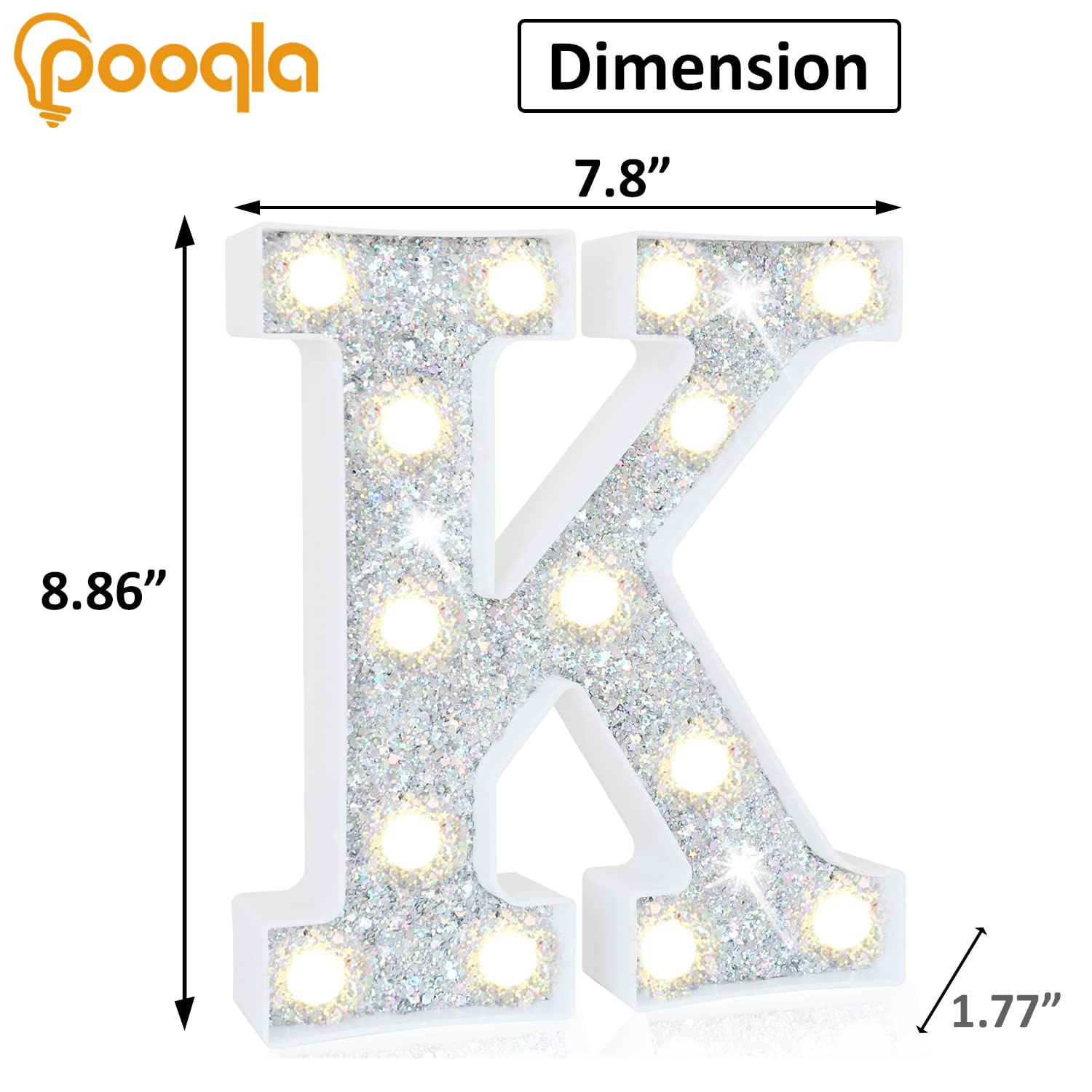 Pooqla LED Marquee Letter Lights, Sequin Silver Alphabet Sign, Battery Powered for Parties & Home Decor, Letter K