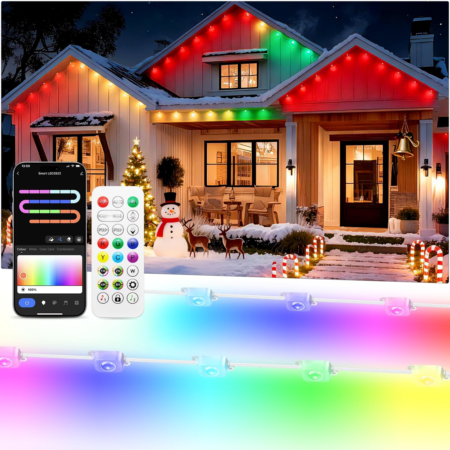 Lemonlovely 100Ft Permanent Outdoor Ic+Rgb Lights  Ip67 Waterproof Smart Led Eaves Lights With App/Remote Control  Christmas Halloween Outdoor Light With Diy Decor For House Roof And Garden Lighting