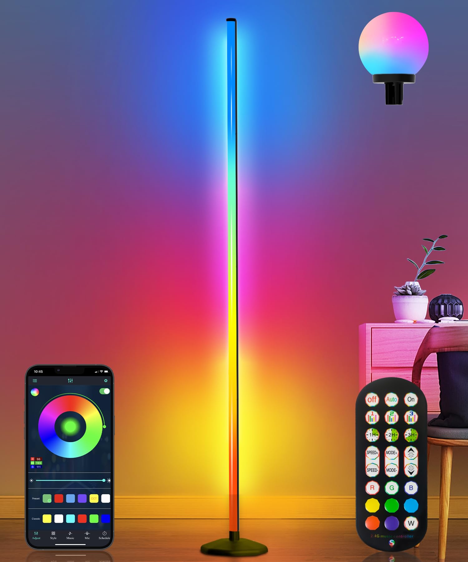 Lanaqua Corner Floor Lamp,70&quot; Smart Rgbw Led Corner Lamp With Glow Ball Light,16 Million Colors Changing Corner Lamp With Remote And App Control,Music Sync & Timing Smart Floor Lamp For Living Room