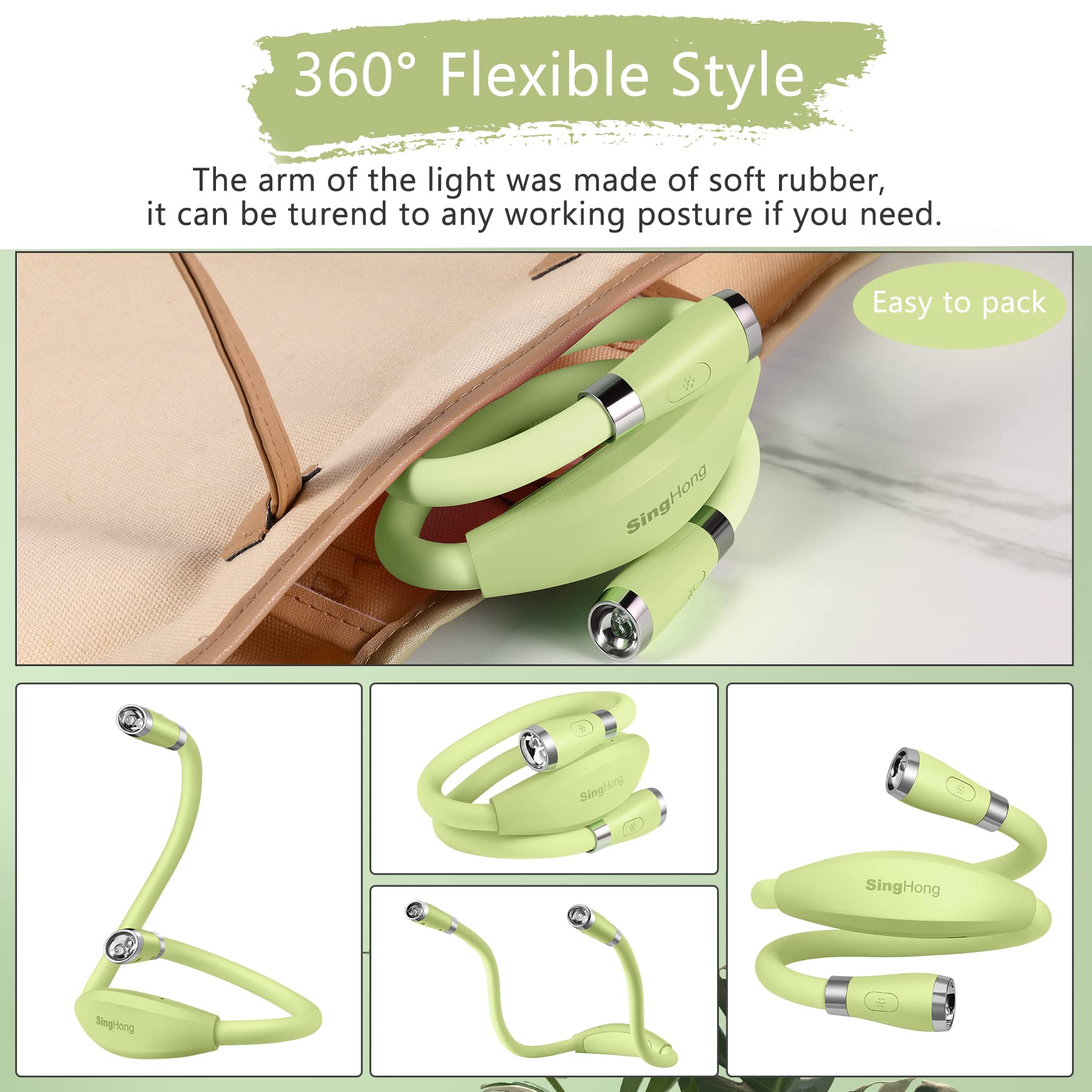 SingHong Neck Book Light - LED Reading Lamp, USB Rechargeable, 4 Brightness Levels, Small, Green, Model SHNBL-G03