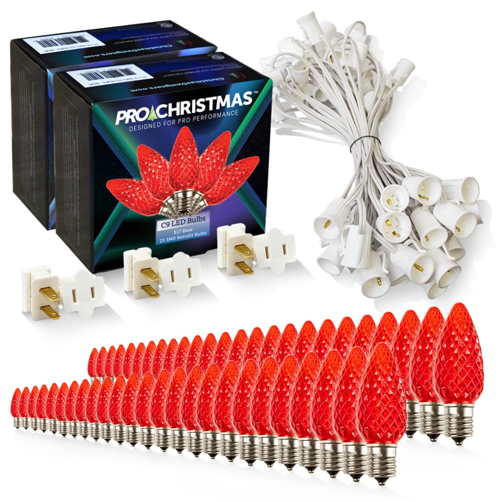 Pro Christmas C9 LED Christmas Light Kit for Rooflines & Pathways - DIY Cut to Length  Outdoor Commercial Grade (White Wire w/Vampire Plugs  50 Bulbs  50 ft) Red