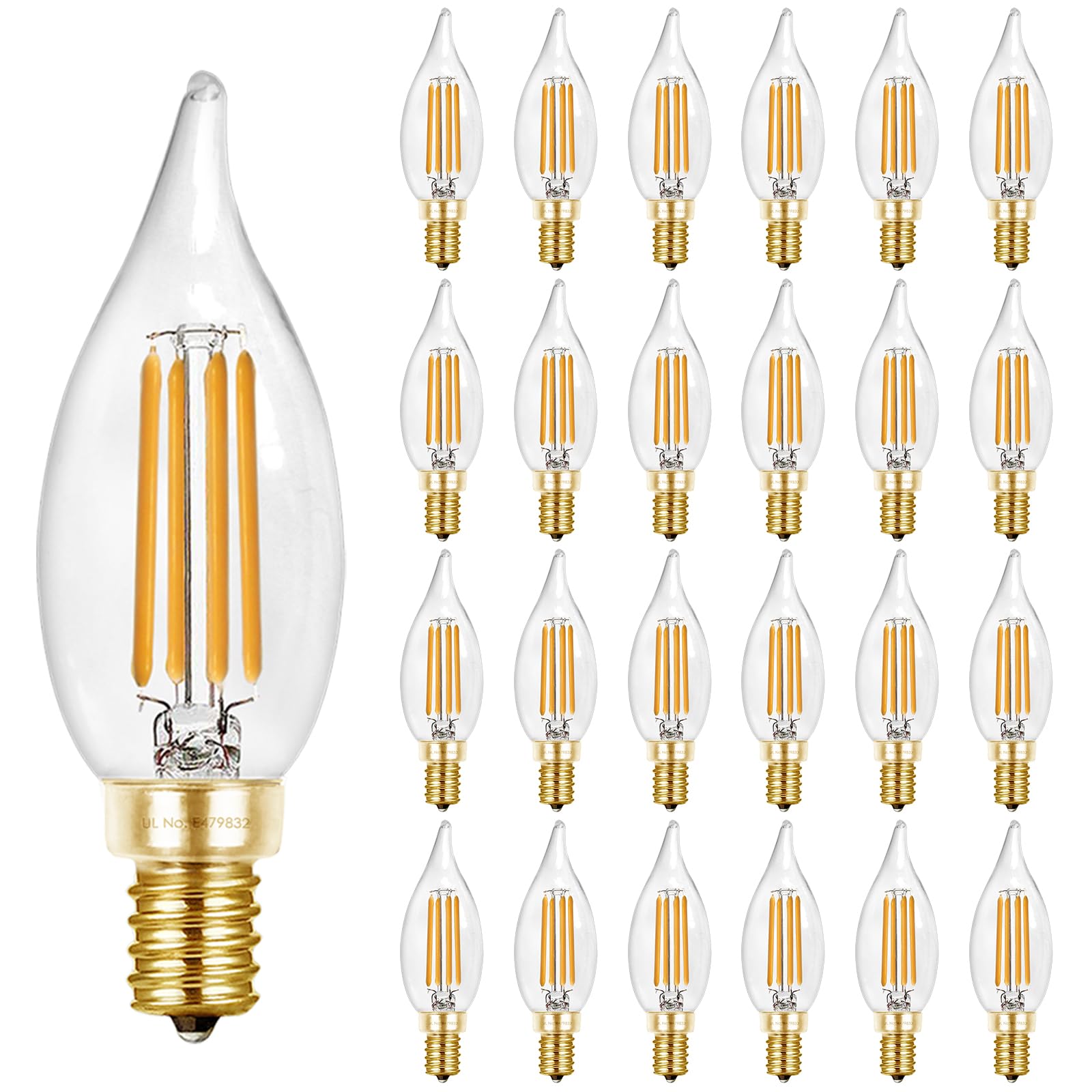 Hizashi E12 LED Bulb 40W Equivalent Candelabra Bulbs Dimmable 2700K Warm White  90+ CRI Chandelier Light Bulbs  4W 450LM Flame Tip CA10 Candle Light Bulbs  UL Listed - 24 Pack