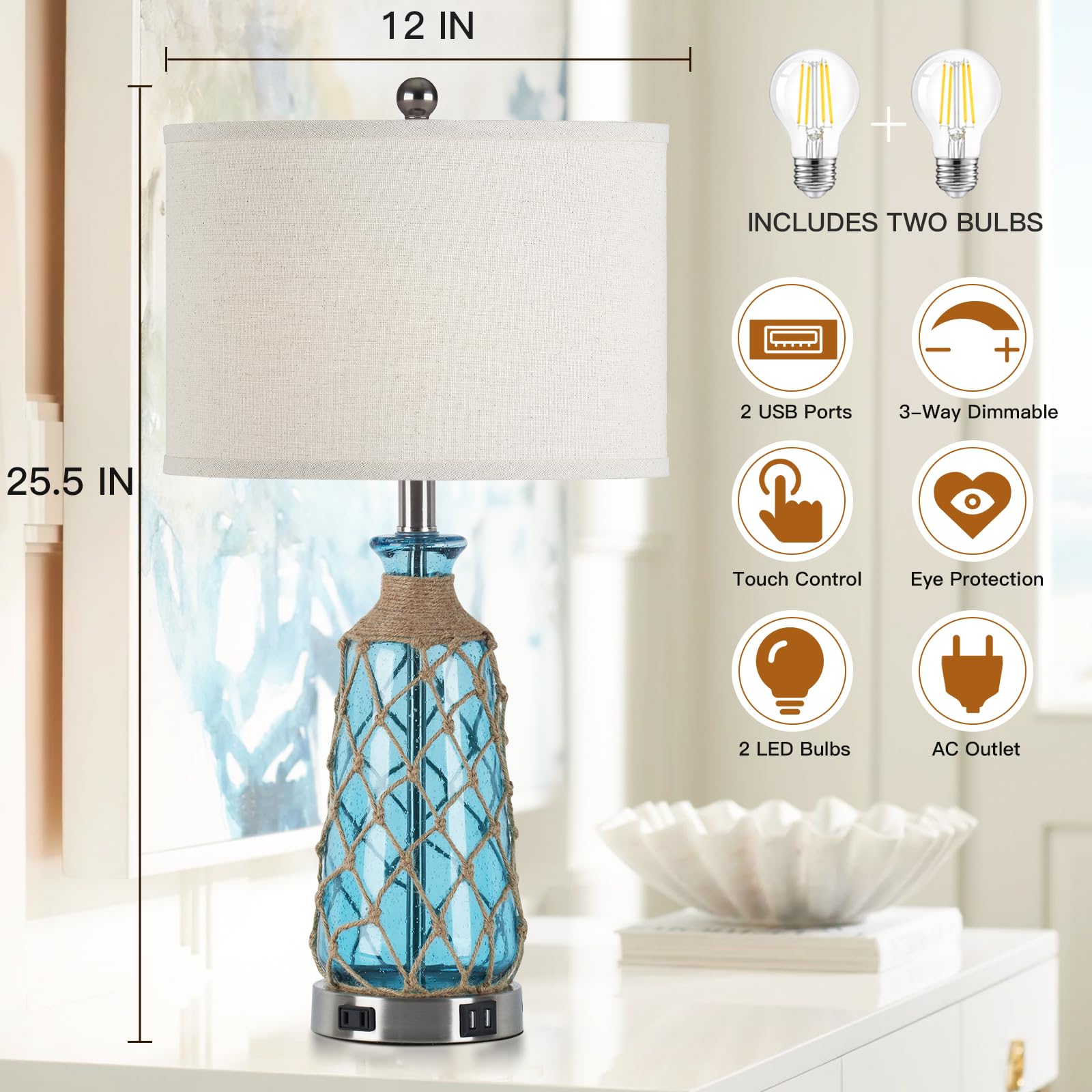 Ruzectt Coastal Glass Table Lamps - 3-Way Dimmable Touch Control, Teal, USB Ports & AC Outlet, LED Bulbs Included