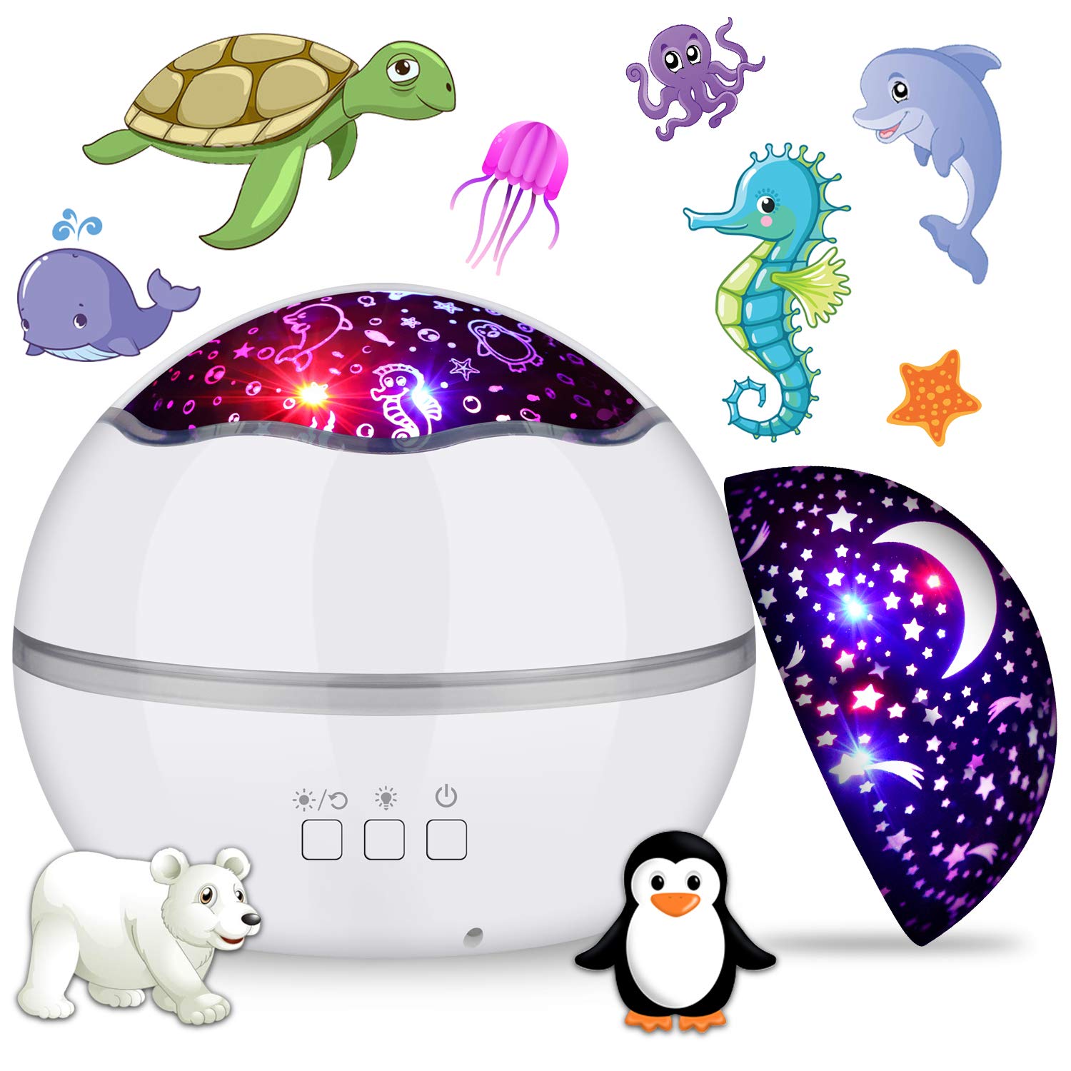 360 Rotating Night Light Star Projector for Kids Room, 2 in 1 Starry Sky and Sea World, Multi Colors Baby Bedroom Ceiling Wall D