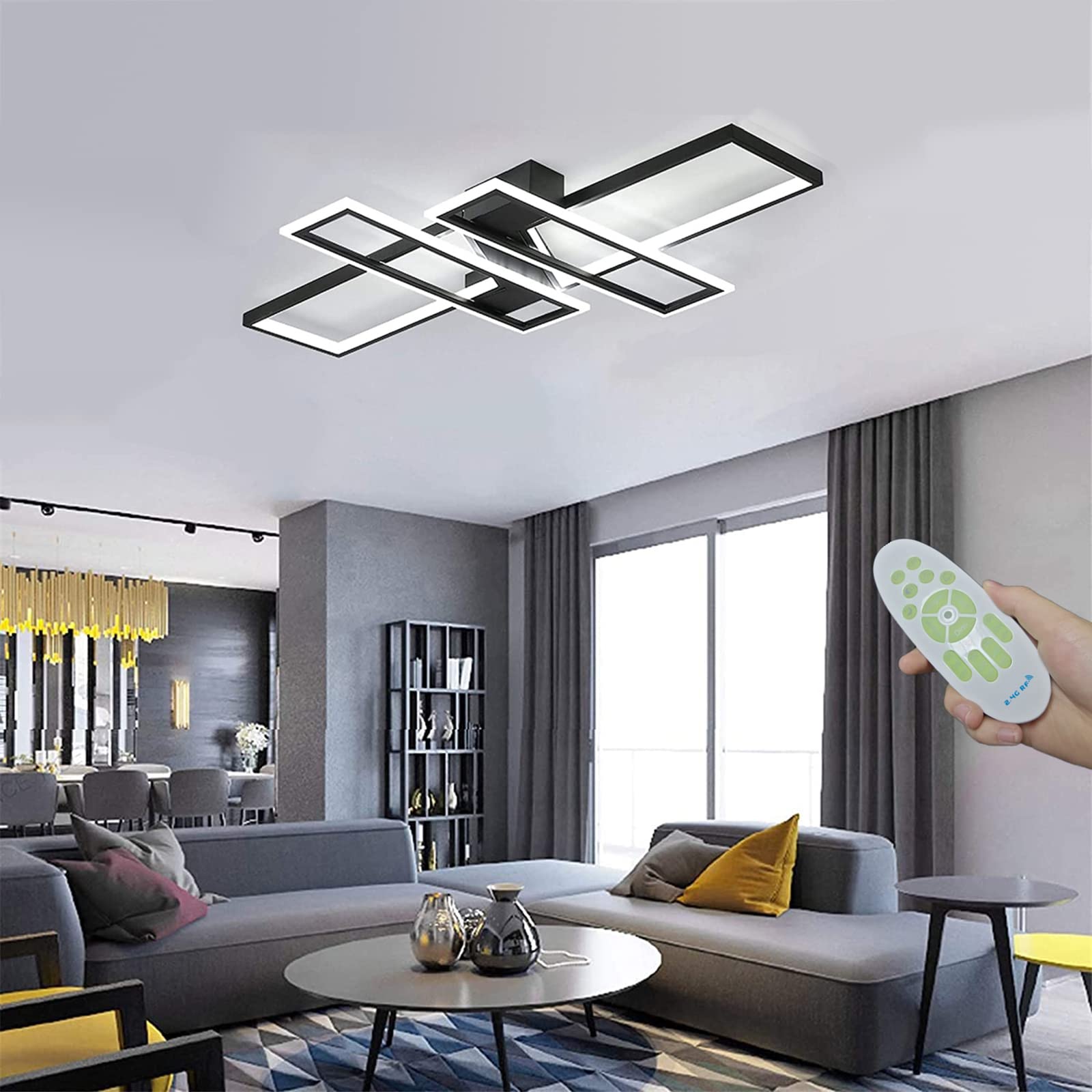 FBFC 35.4'' Modern LED Ceiling Lights Fixture, 94W Black Dimmable Chandelier, Rectangular, with Remote Control Diningroom Lamp, 