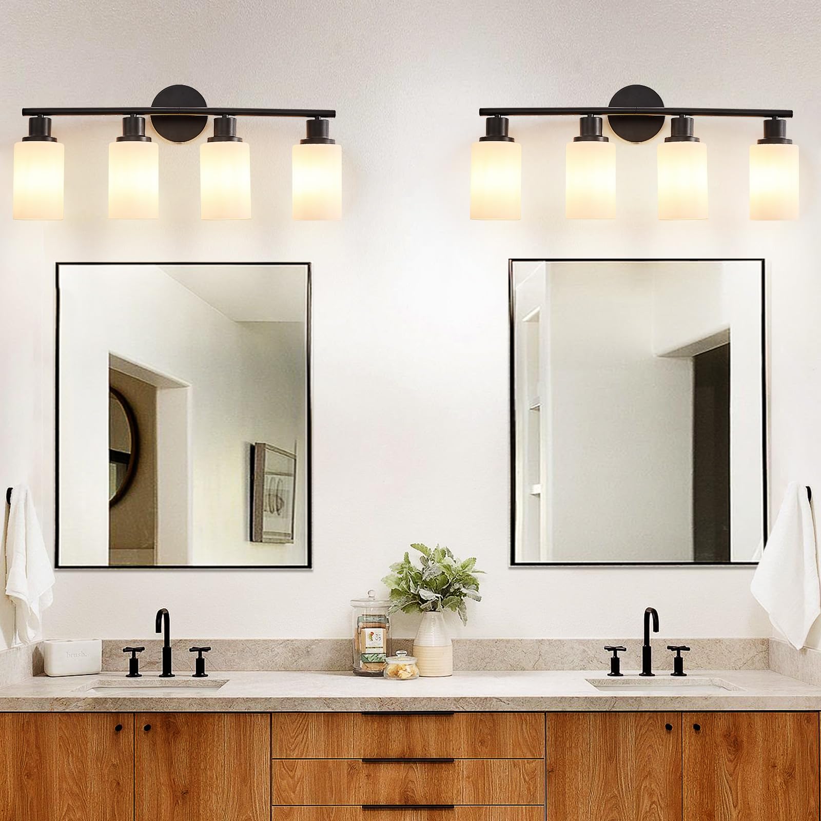 DINGLILIGHTING DLLT 4-Light Bathroom Light Fixtures - Black Metal Vanity Lights with Milky White Glass Shade