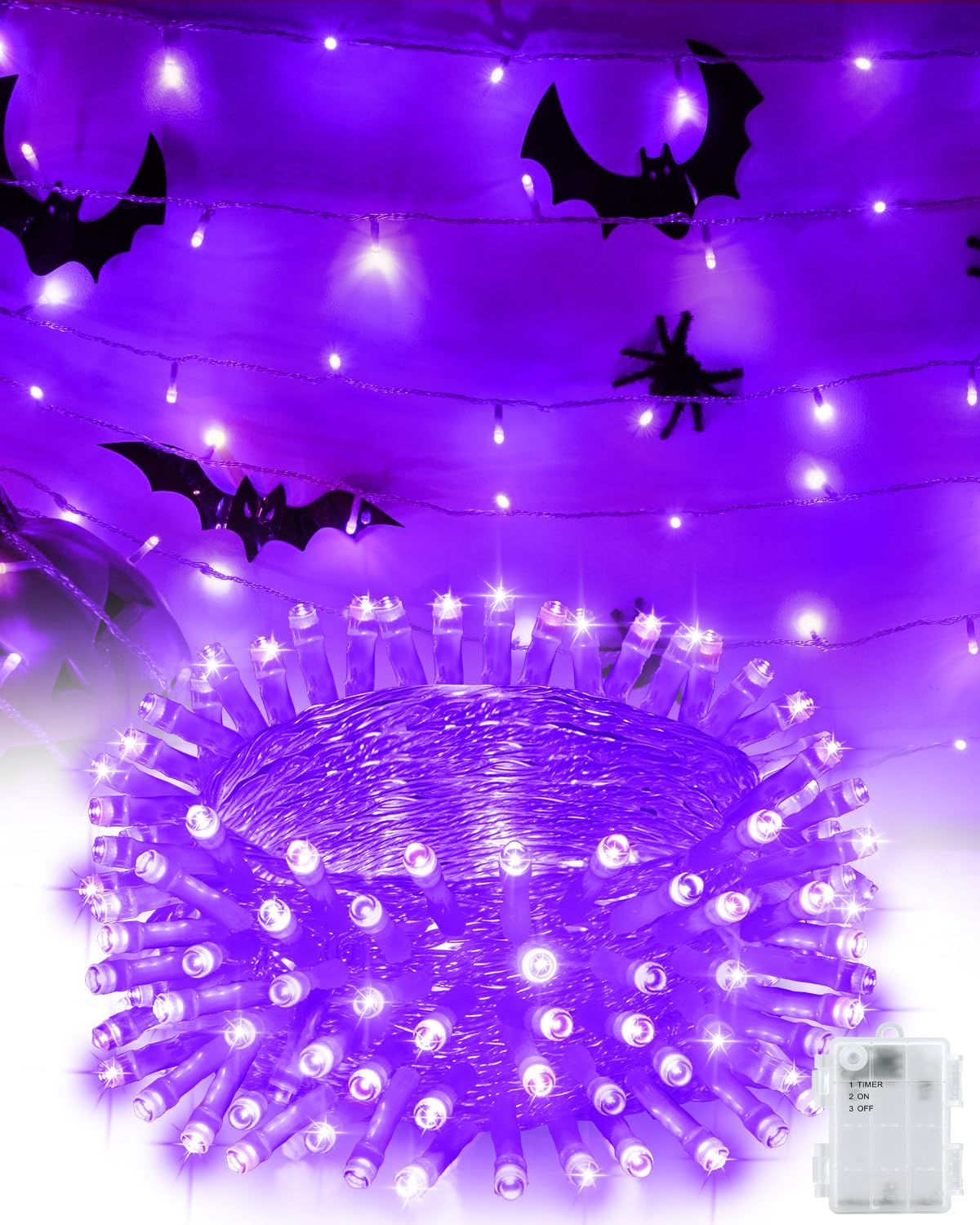 Kelumi Halloween String Lights Battery Operated  Purple Lights with Timer Waterproof 16.4ft 50 LED Halloween Decorations for Outdoor Indoor Patio Party Garden Yard Decor