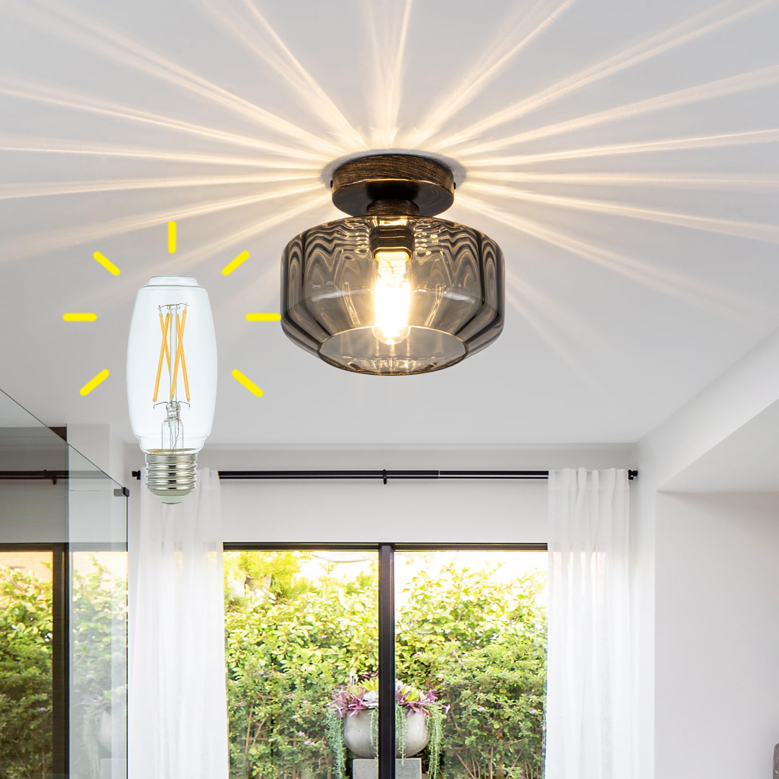 Tbaoinla Smoked Glass Flush Mount Ceiling Light With 1200Lm Led - Black Champagne Gold 8.66 Damp Rated Fixture For Bathroom Kitchen Hallway Modern Lighting