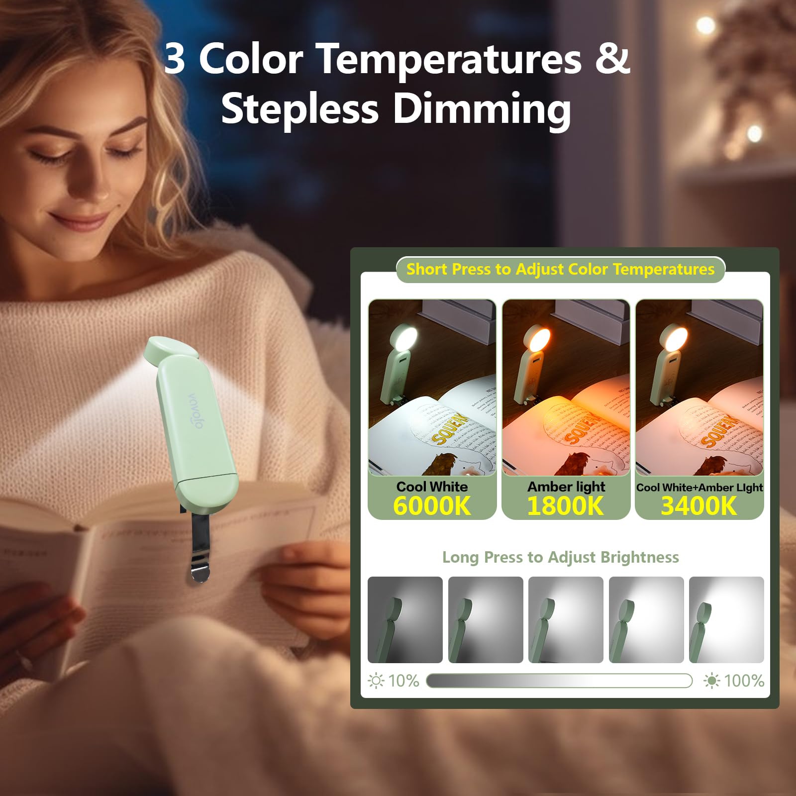 VAVOFO USB Rechargeable Book Light, Amber Clip-On, Eye Care, 6 LEDs, Green, Model KM-6776, 9 Lighting Modes for Reading in Bed