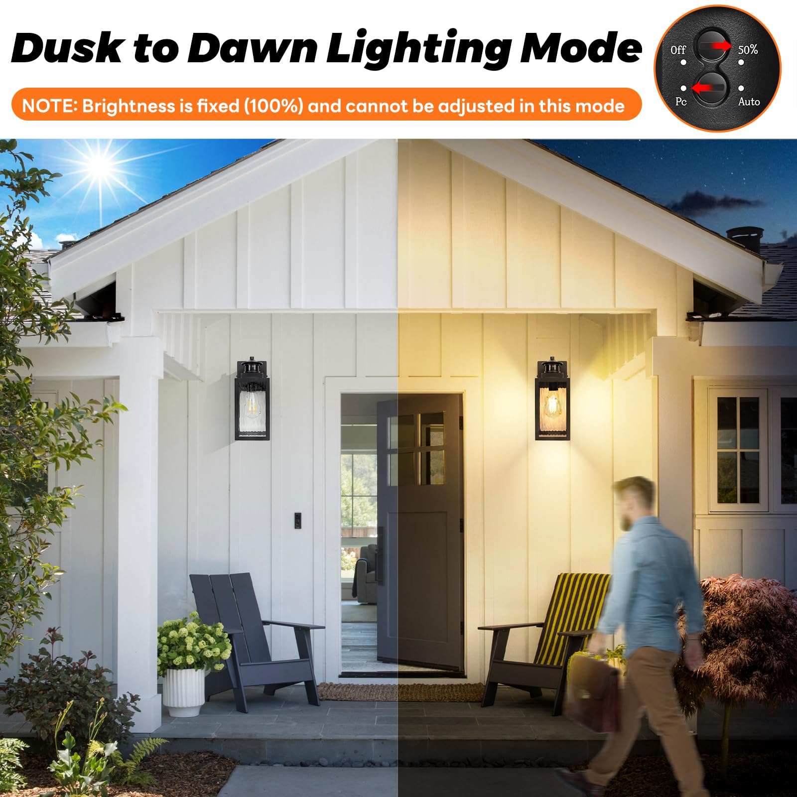 11.6'' Motion Sensor Outdoor Lights Fixture, Dusk To Dawn Exterior Porch Light Wall Mount With Water-Rippled Glass, Black Modern